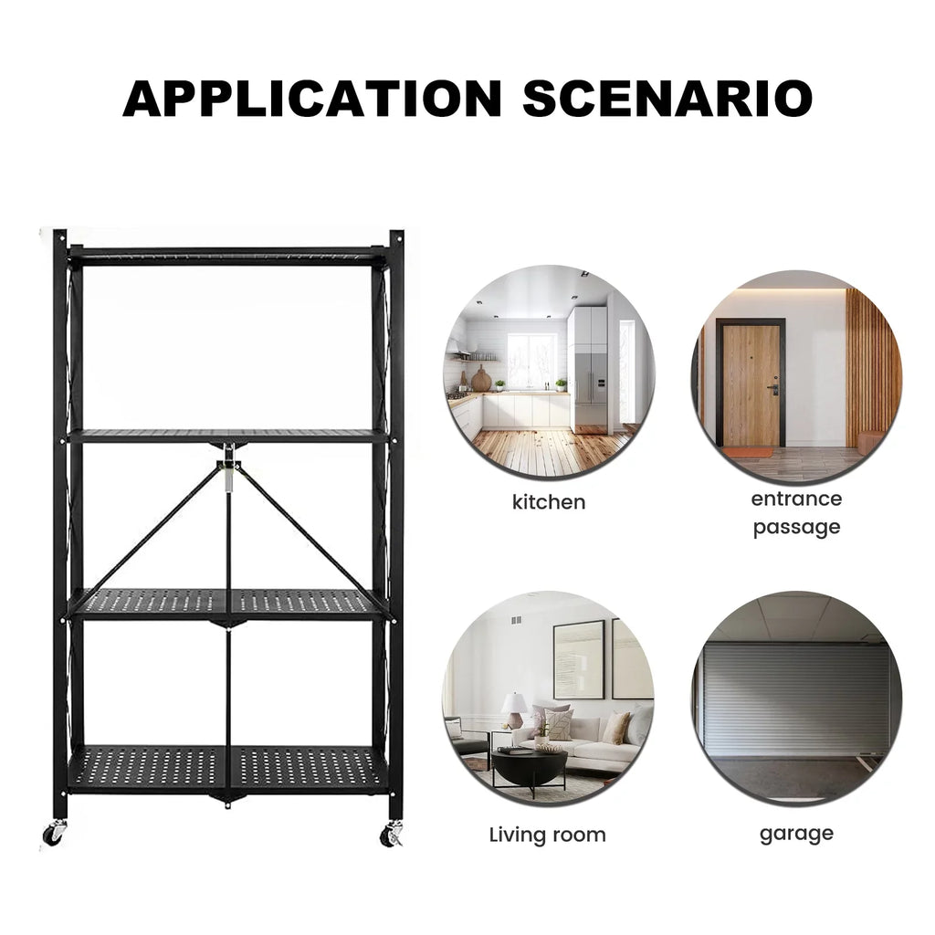 4-Tier Foldable Storage Shelf with Wheels - Metal Collapsible Shelving Unit Display, Rolling Cart for Books Kitchen Storage Shelves, Pantry & Closet Organizer, Office Room Decor - Black
