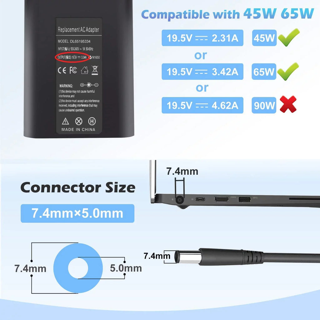 65W LA65NS2-01 Portable computer Charger AC Adapter for Latitude 5400 5500 5480 7400 7480 7490 7390 3440 E5400 E5420 E5450 E5470 E6420 E6430 E6540 E7470 E7480 LA65NM130