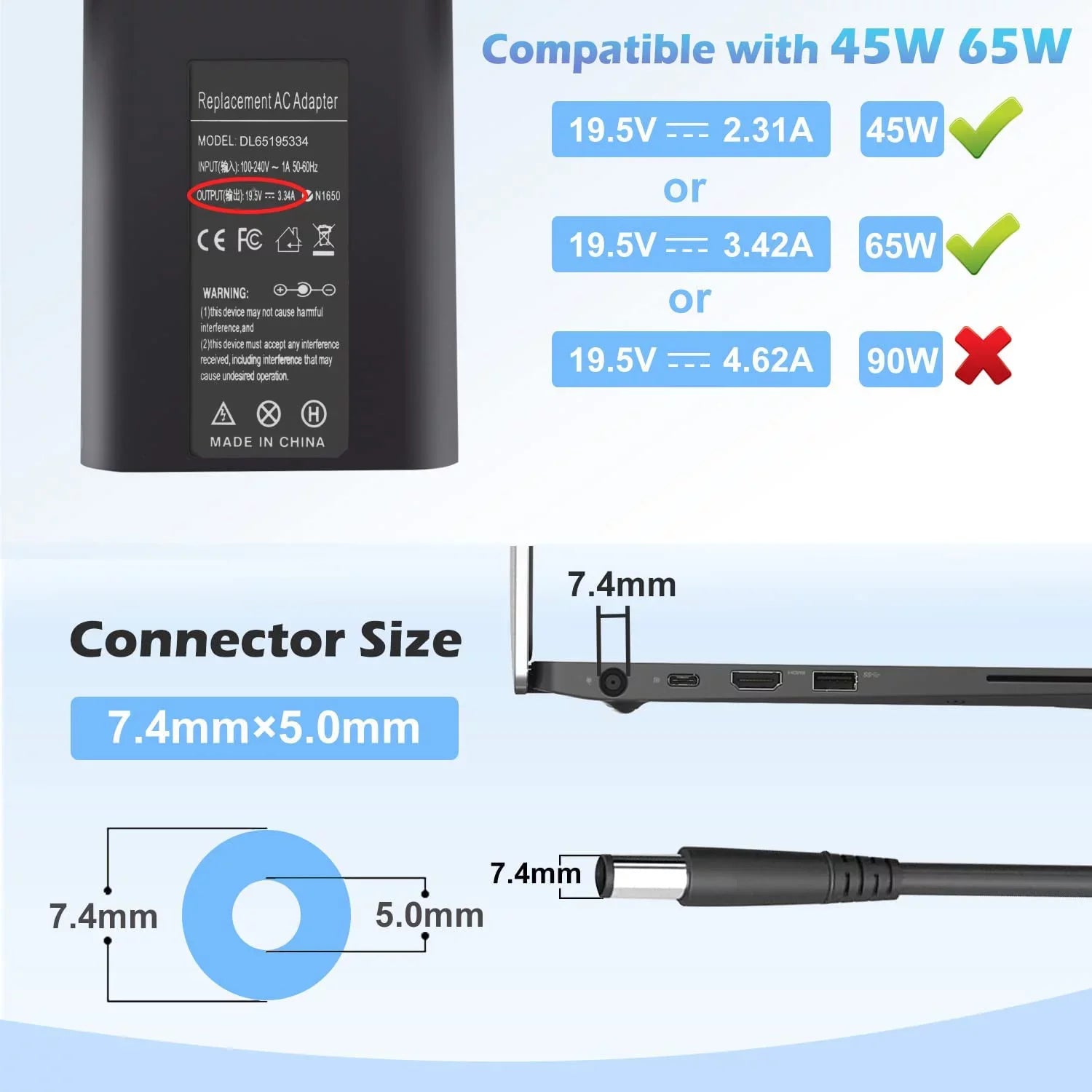65W LA65NS2-01 Portable computer Charger AC Adapter for Latitude 5400 5500 5480 7400 7480 7490 7390 3440 E5400 E5420 E5450 E5470 E6420 E6430 E6540 E7470 E7480 LA65NM130