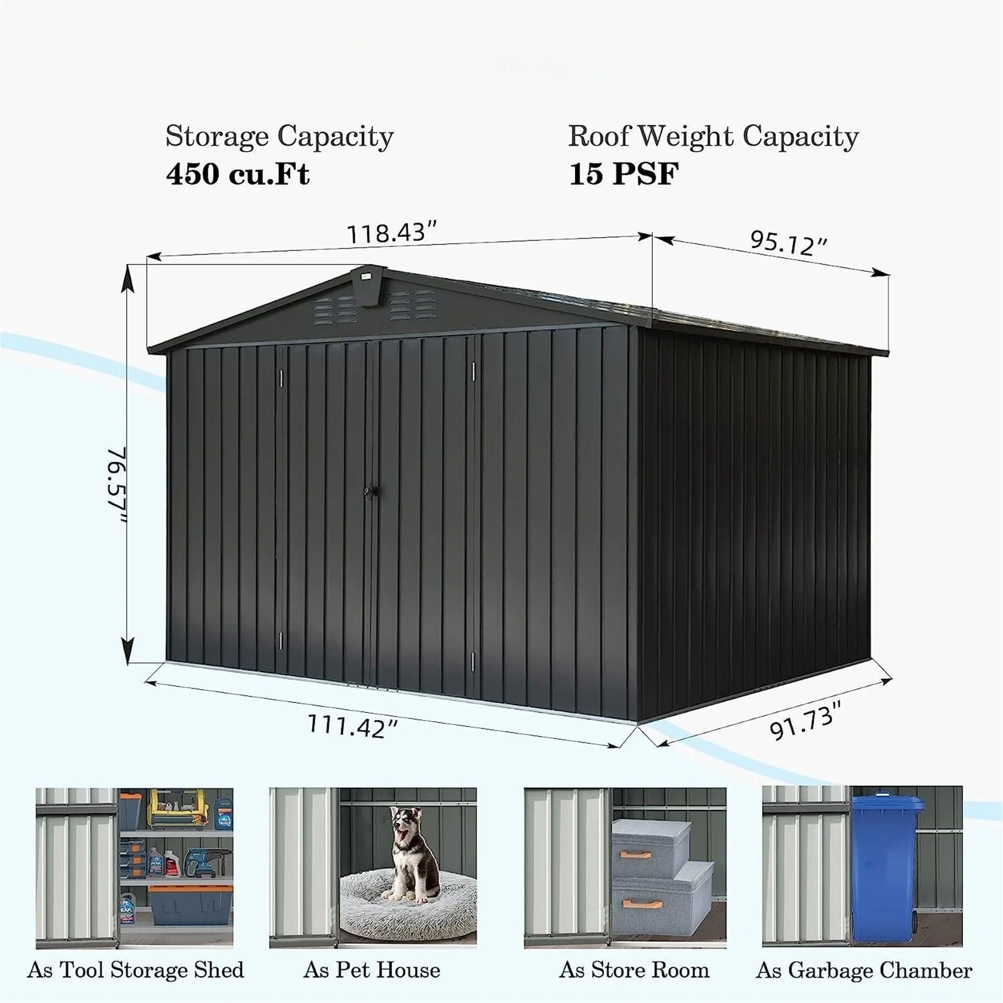 Homiyad Outdoor Storage Shed 10'X 8', Metal Garden Shed for Bike, Trash Can, Tools, Galvanized Steel Outdoor Storage Cabinet with Lockable Door for Backyard, Patio, Lawn (10X8ft, Black)