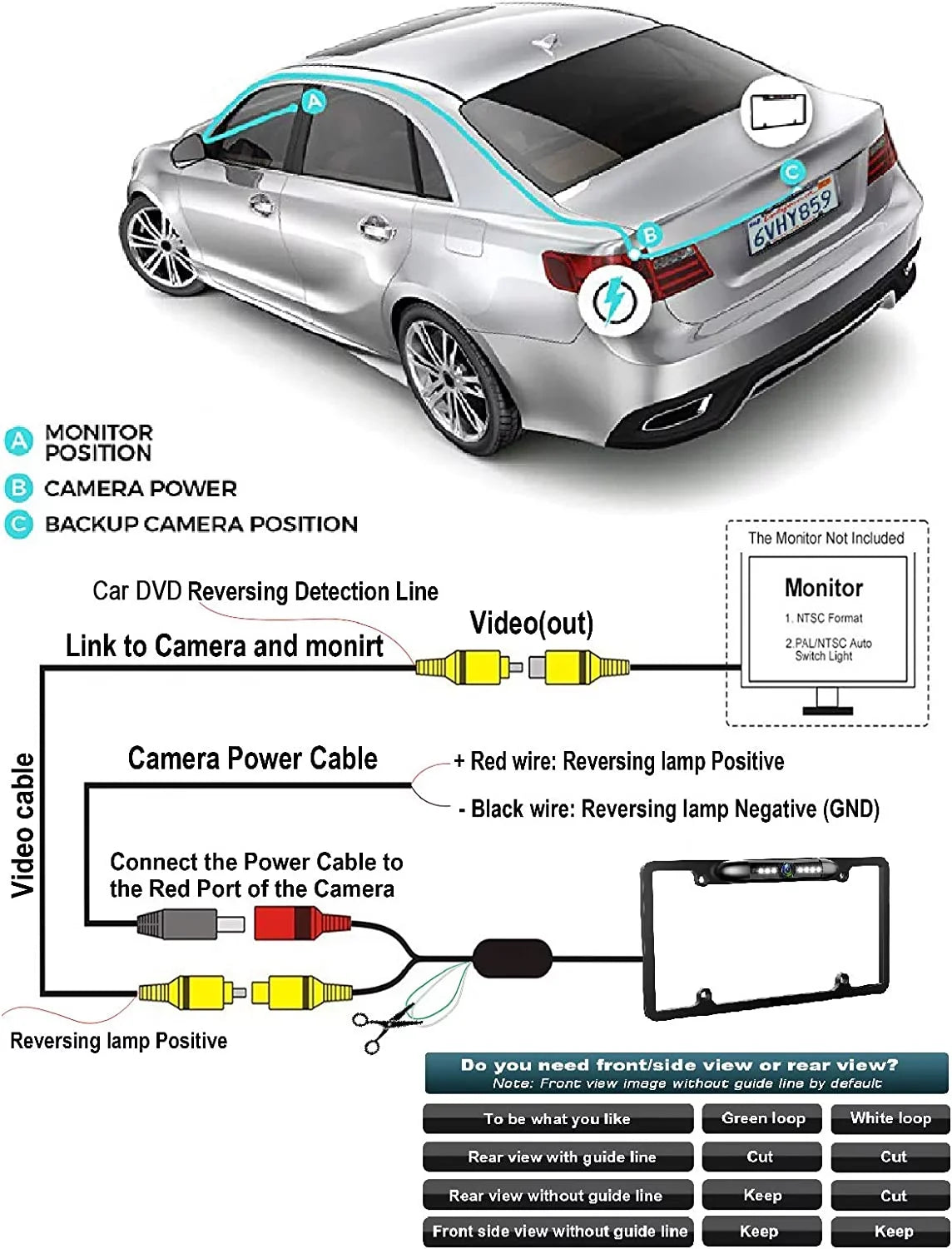 Backup Camera Rearview License Plate Liquid for Kenwood DMX-125BT DMX125BT Black