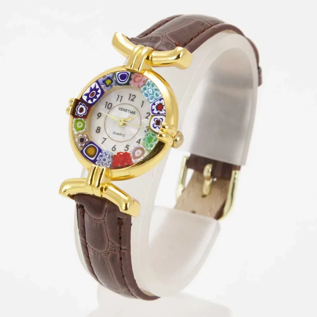 GlassOfVenice Murano Glass Millefiori Watch with Leather Band - Brown Multicolor