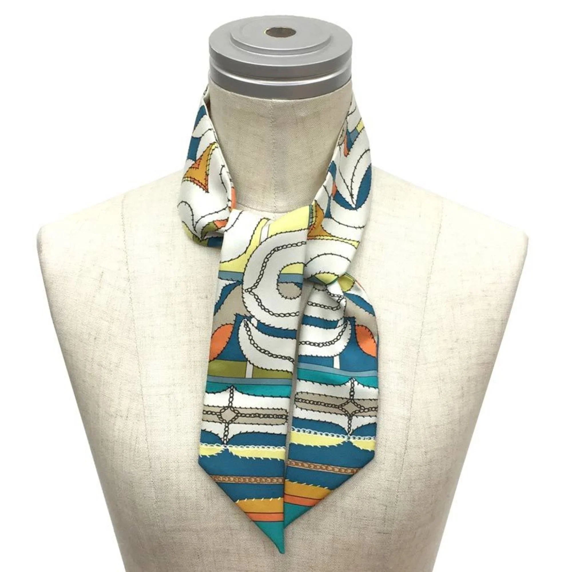Pre-Owned HERMES Twilly Scarf Muffler White x Orange Blue 100% Silk Hermes (Good)