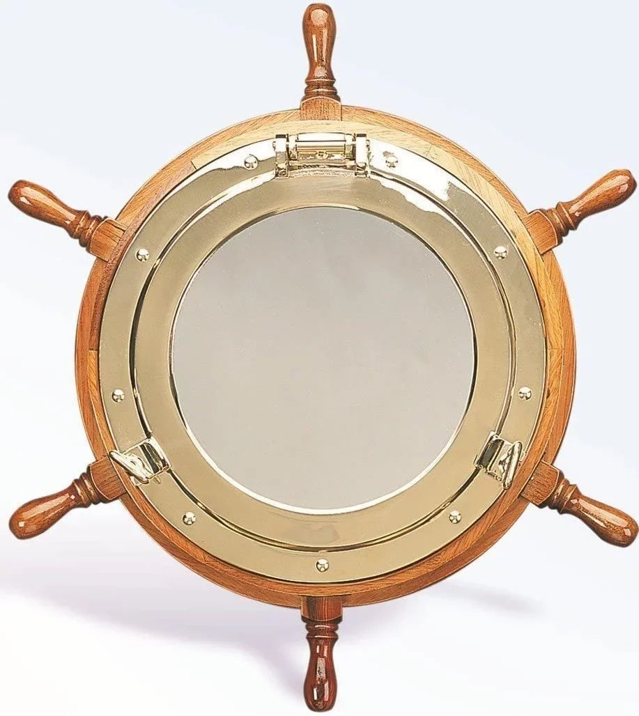 Nagina International Lavish Deluxe Brass Porthole Mirror Ship Wheel | True Home Decor (16 Inches)