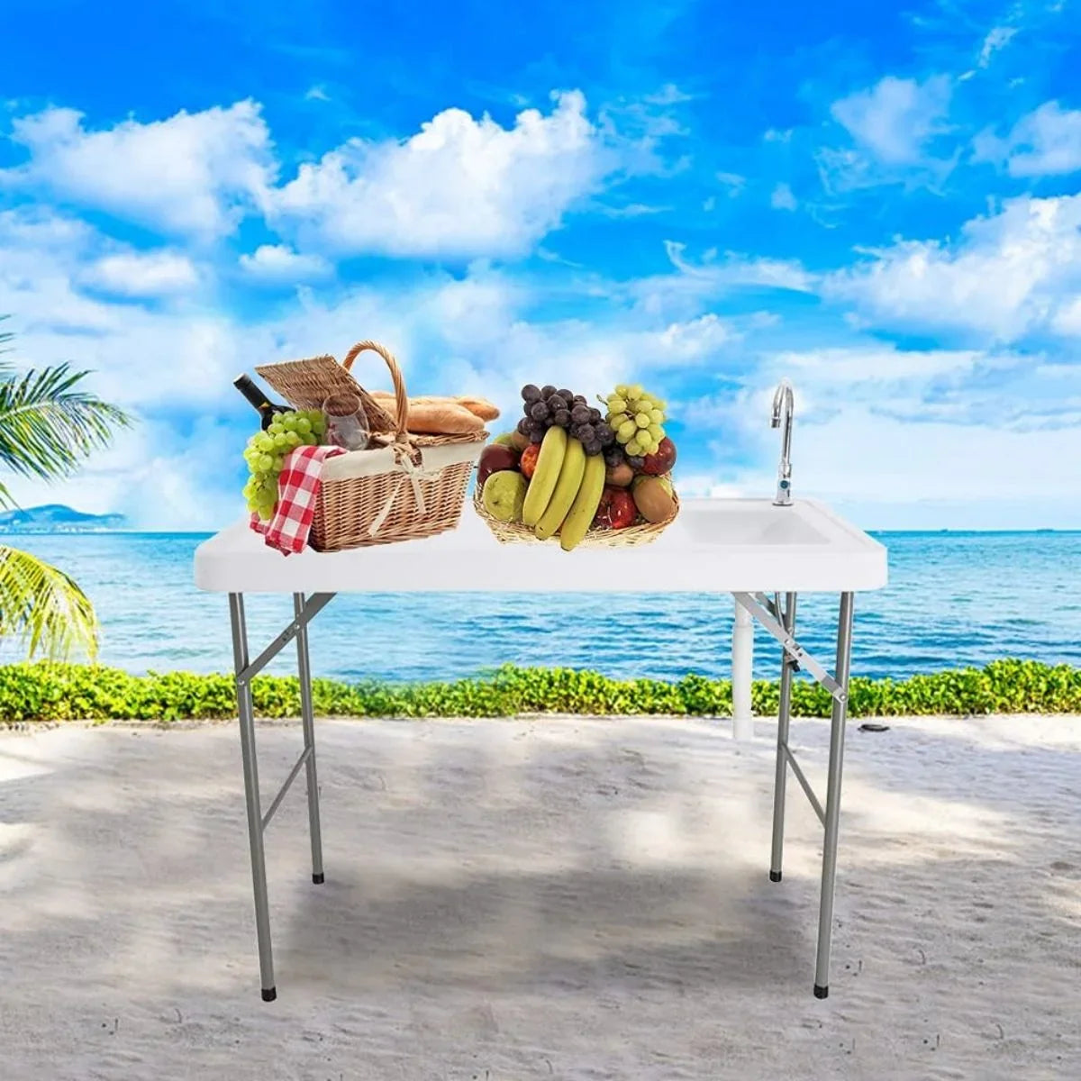 Portable Folding Fish Table, Folding Fish Cleaning Table with Sink & Faucet, Outdoor Folding Camping Sink Table for Picnic Garden Kitchen Camping