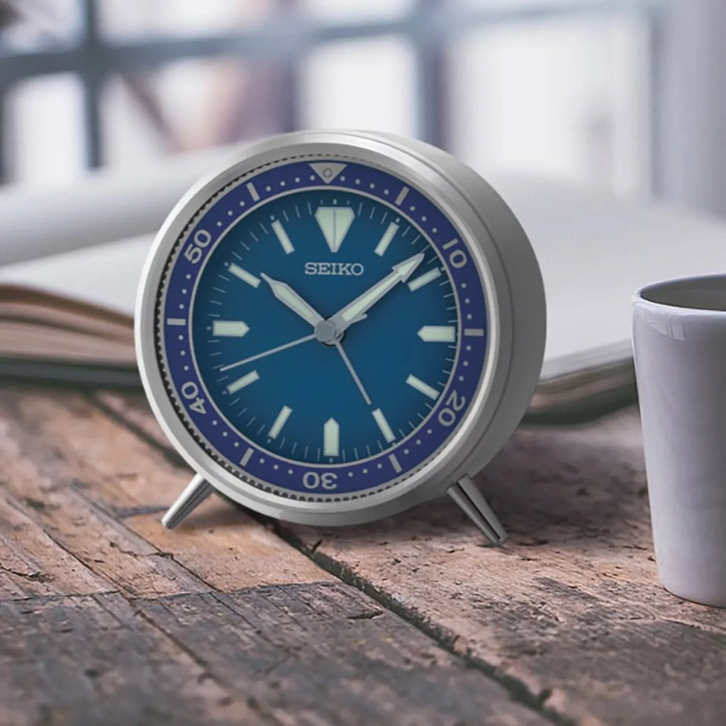 Seiko 4 inch Mai T Blue Metal Case Beep Alarm Clock Arabic Quartz Analog QXE065LLH