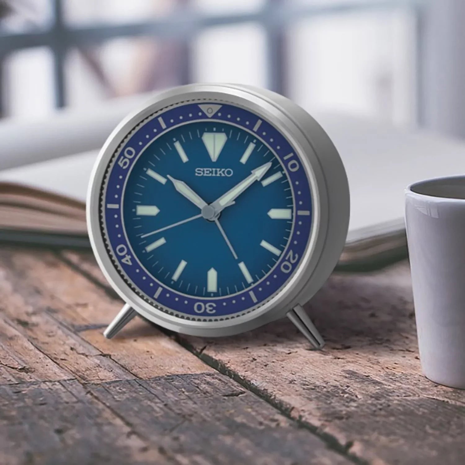 Seiko 4 inch Mai T Blue Metal Case Beep Alarm Clock Arabic Quartz Analog QXE065LLH