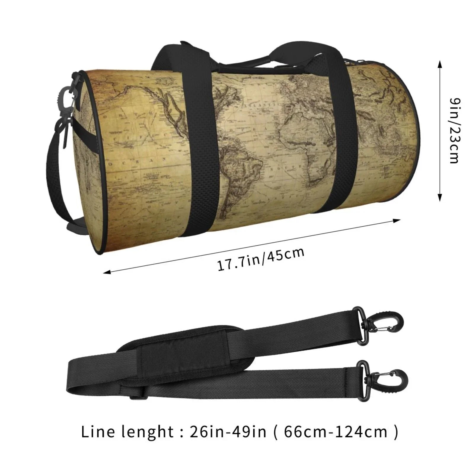 Coaee Vintage World Map Large Capacity Travel Luggage Bag Cylinder Gym Bag Liquid Sports Bag with Pocket and Compartment