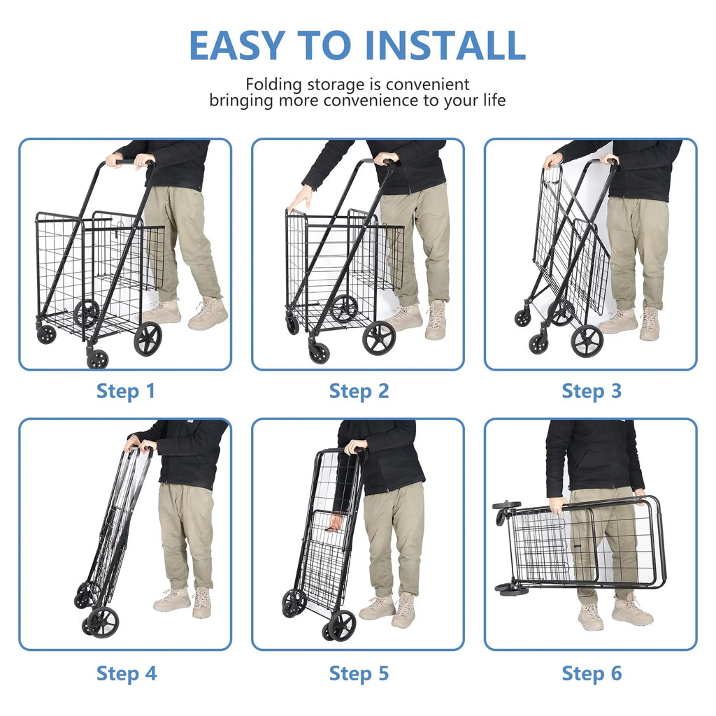 ZENY Folding Utility Shopping Cart with Double Basket and Wheels for Grocery Laundry Book Luggage Travel, Black