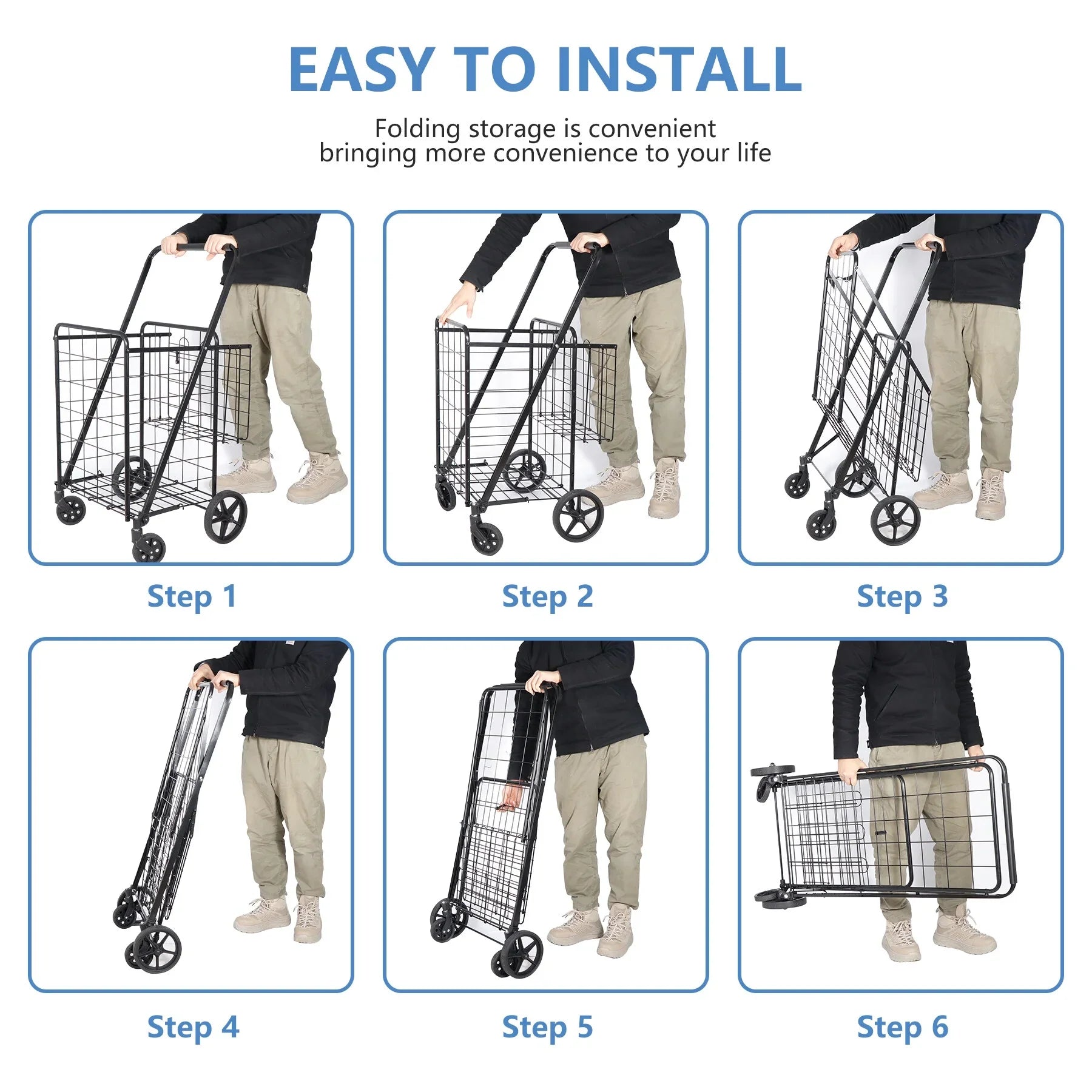 ZENY Folding Utility Shopping Cart with Double Basket and Wheels for Grocery Laundry Book Luggage Travel, Black