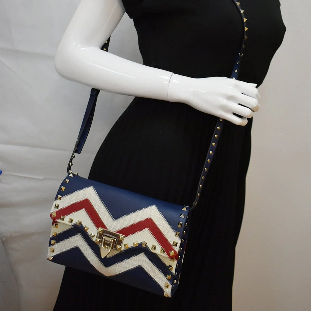Pre-owned VALENTINO Garavani Rockstud Chevron Print Leather Crossbody Bag Multicolor