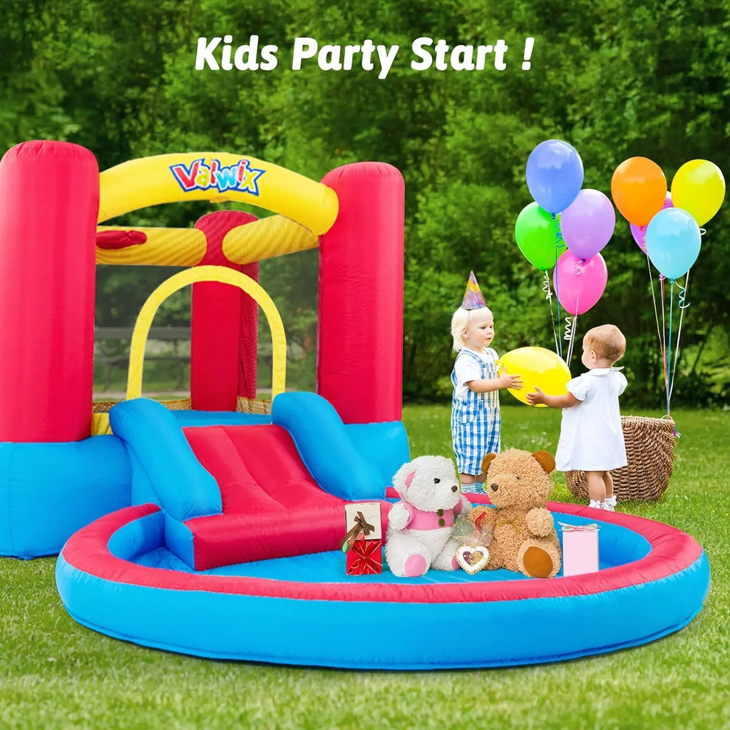 Valwix Inflatable Bounce House with Blower for Kids 3-5 years , Bouncy Castle Liquid & Pool for Wet Dry Combo, Bouncer with Repair Kits, Fun Bounce Area with Basketball Hoop