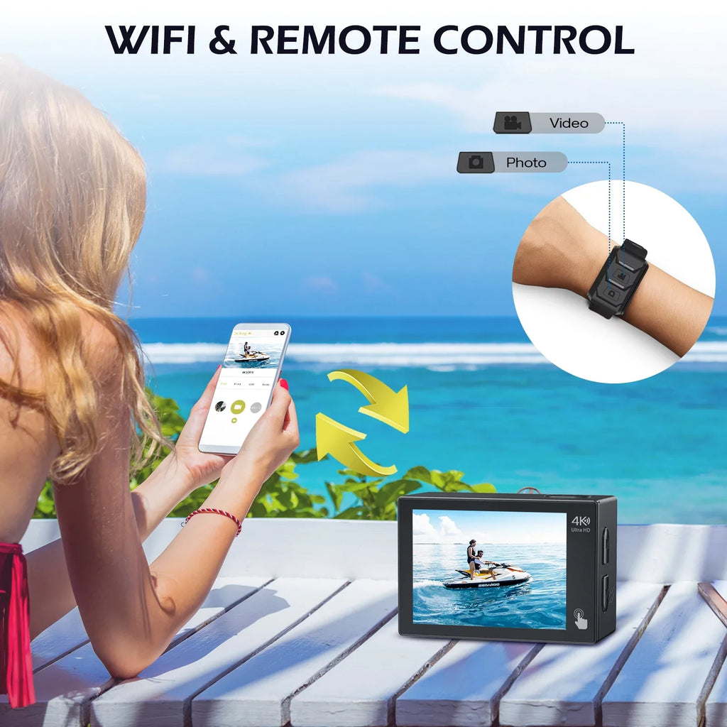 Campark 4K 30FPS Action Camera 20MP Sports Camera 131 Ft Fluid Fluid Camera WiFi Vlog Camera EIS 4.0 Zoom Support External Mic Remote Control