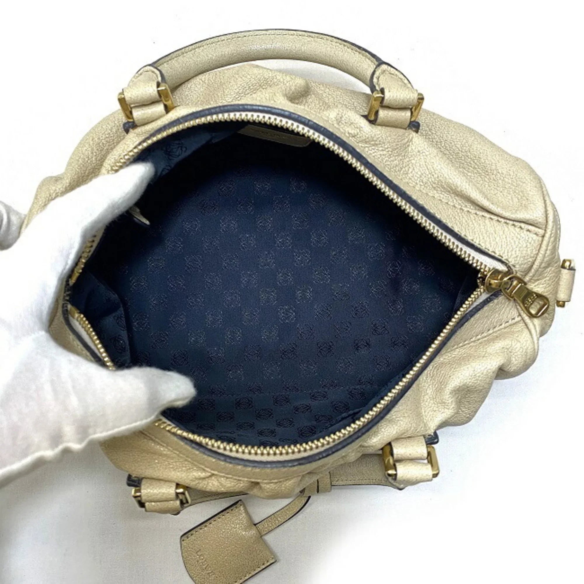 Pre-Owned Loewe 2way Gold Lame Anagram Leather LOEWE Boston Handbag Champagne Women's (Good)