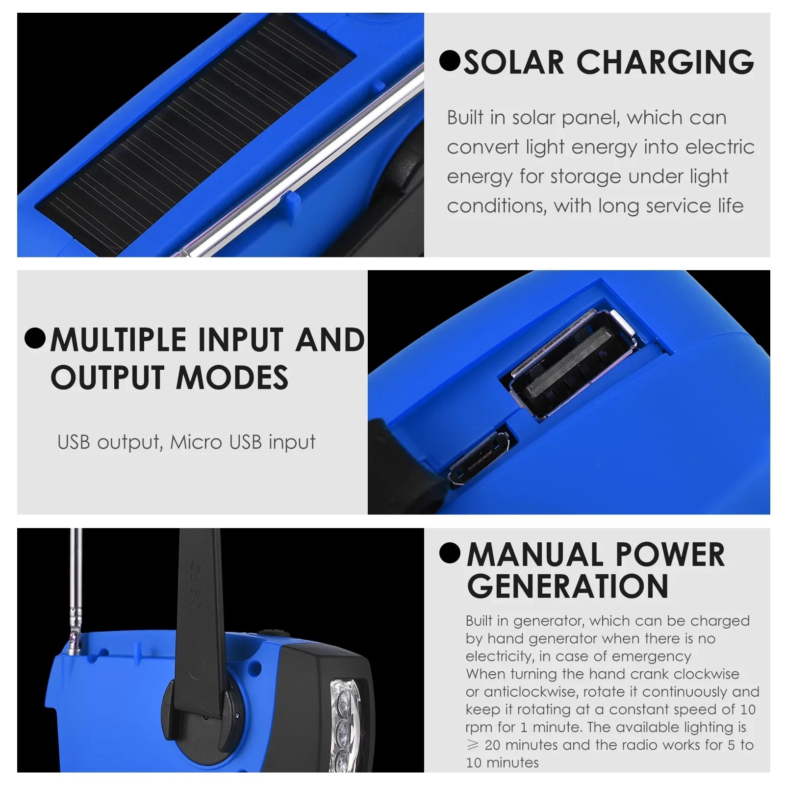 OWSOO Hand Crank Solar Weather AM / / NOAA Weather Rechargeable Portable Bank with Solar Charging & Hand Crank & Battery Operated Flashlight Cell Reading Lamp for Camping Hiking Adve