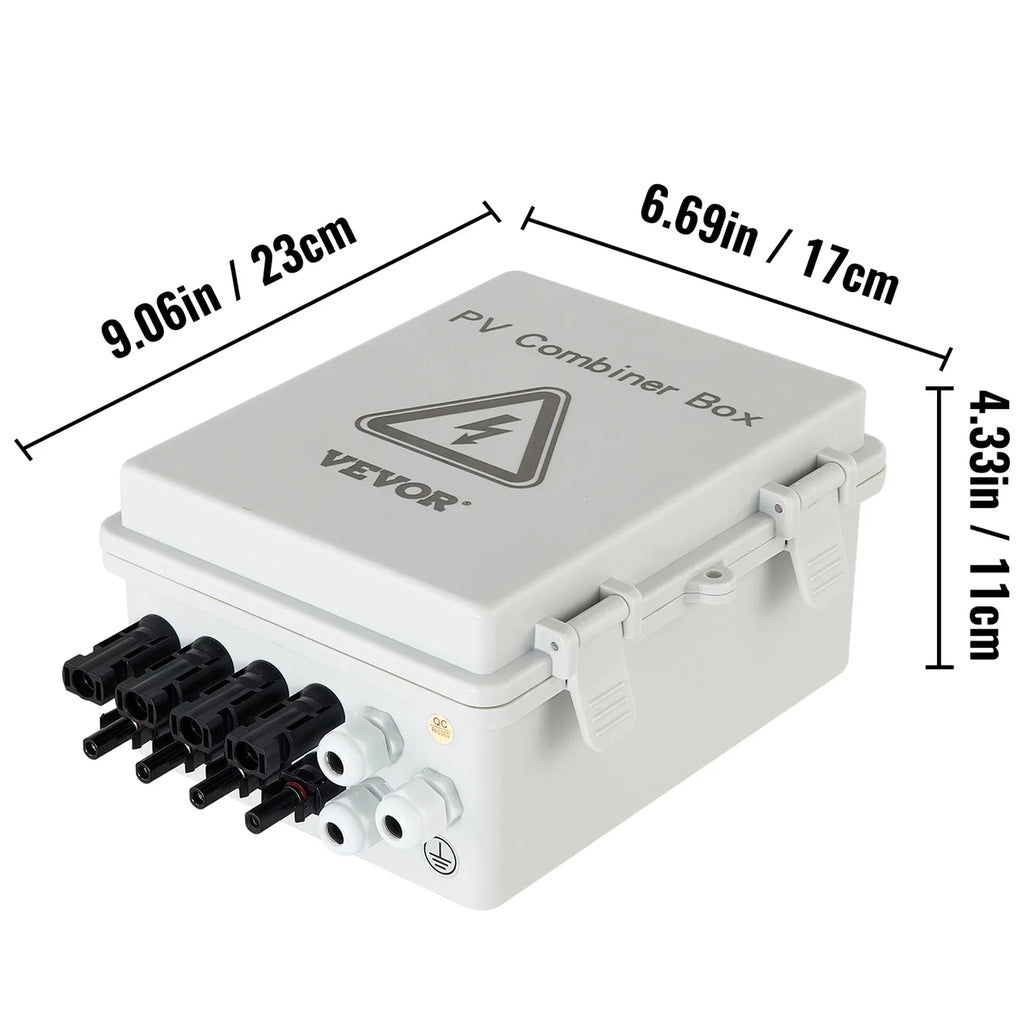 VEVOR PV Combiner Box, 4 String, Solar Combiner Box with 15a Rated Current Fuse, 63a Circuit Breaker, Lightning Arreste and Solar Connector, for On / Off Grid Solar Panel System, IP65 Liquid