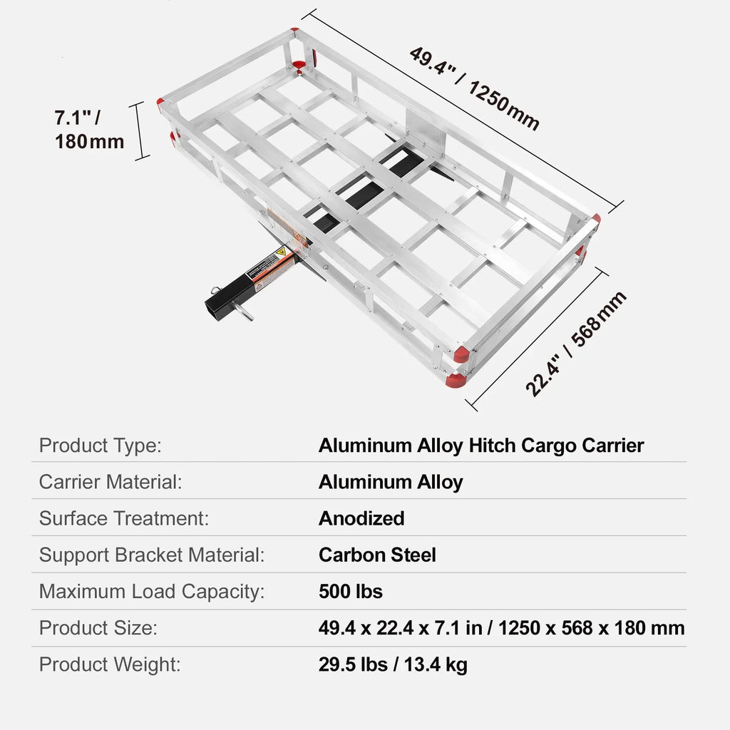 BENTISM Hitch Mount Cargo Carrier 47 x 20 x 6 in 500lb Aluminum Corrosion-Resistant Fits 2" Receiver Cargo Basket for SUVs Sedans Vehicles