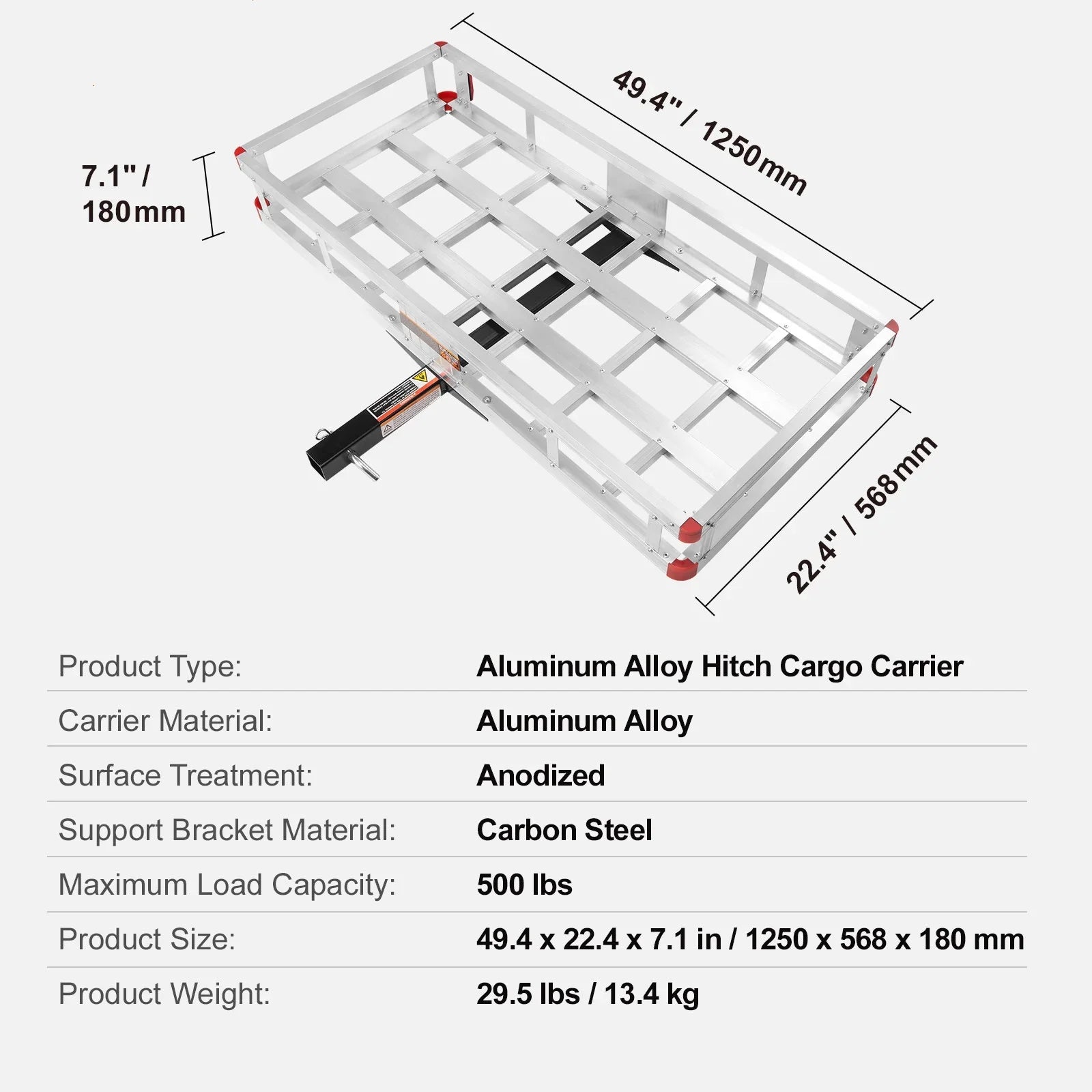 BENTISM Hitch Mount Cargo Carrier 47 x 20 x 6 in 500lb Aluminum Corrosion-Resistant Fits 2" Receiver Cargo Basket for SUVs Sedans Vehicles