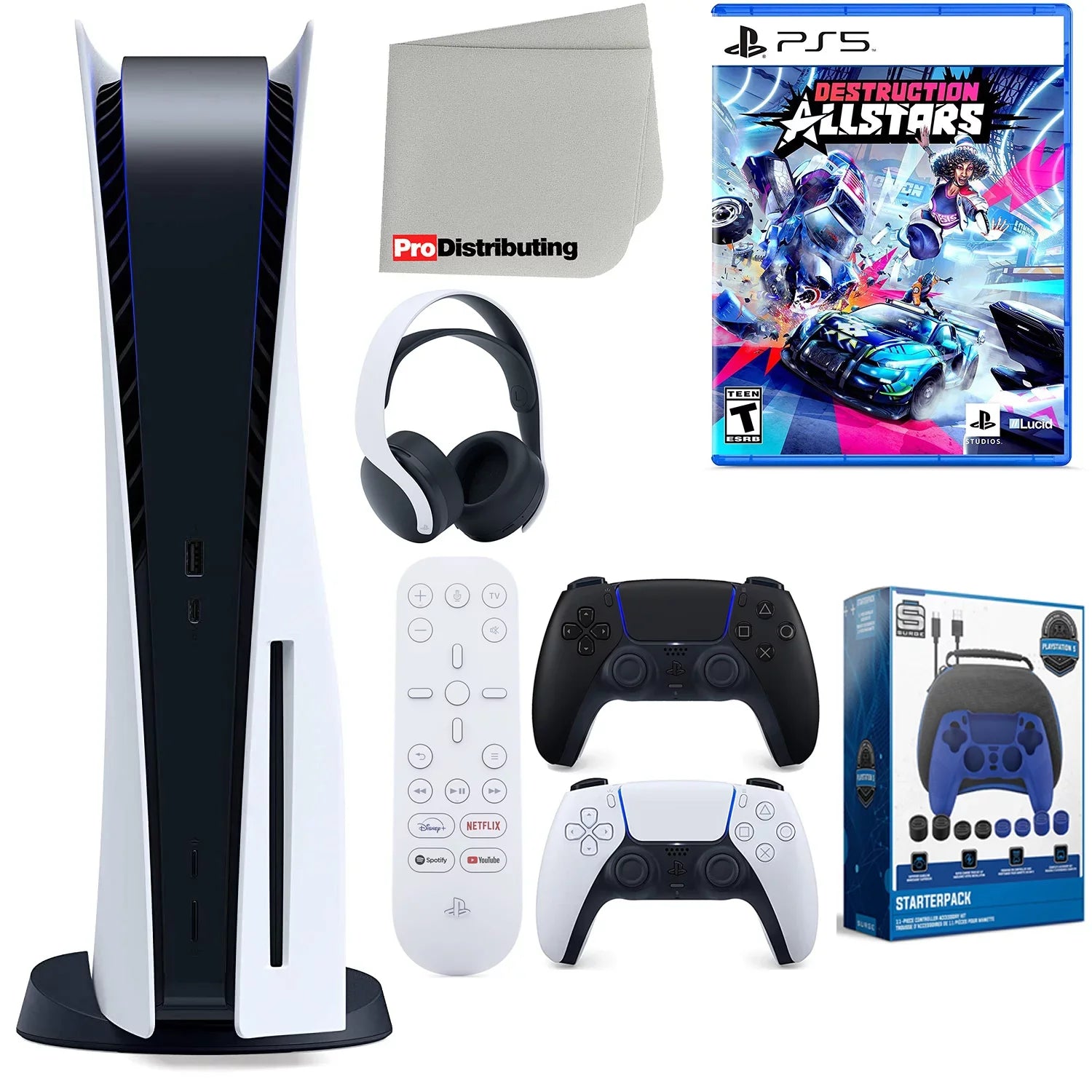 Playstation 5 Disc Version ( PS5 Disc) with Midnight Black Extra Controller, Headset, Media Remote, Destruction Allstars, Accessory Starter Kit and Microfiber Cleaning Cloth Bundle