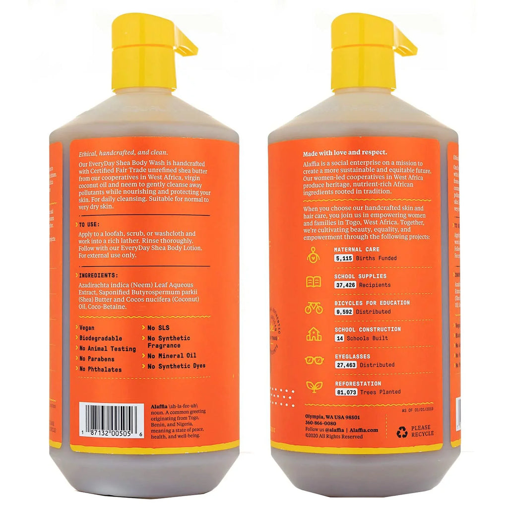 Alaffia Everyday Shea Body Wash, Naturally Helps Moisturize And Cleanse Without Stripping Natural Oils With Fair Trade Shea Butter, Neem, And Coconut Oil, Unscented, 2 Pack - 32 Fl Oz Ea.