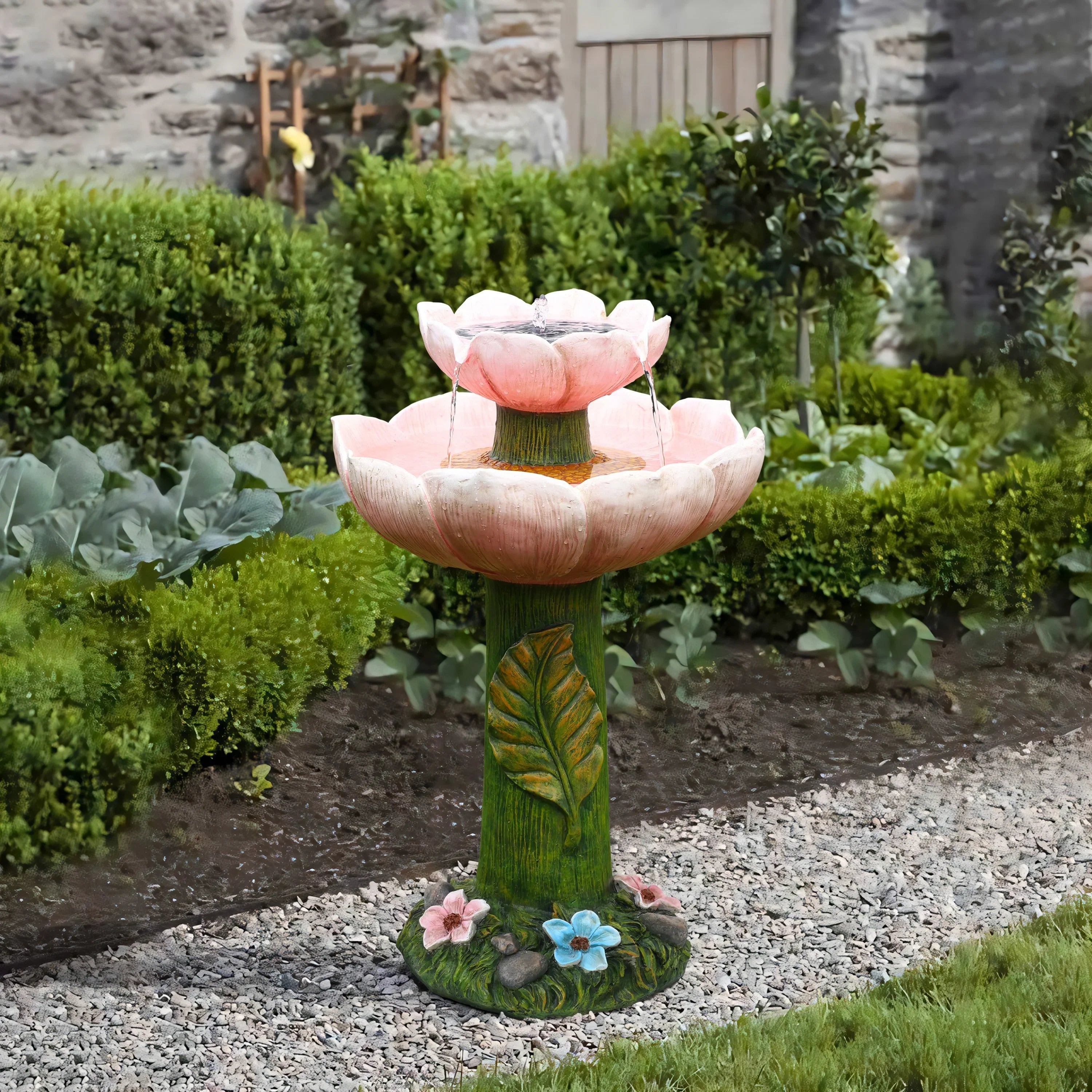 LuxenHome Solar Powered Pink Flower 2-Tier Resin Birdbath Fountain with Lights