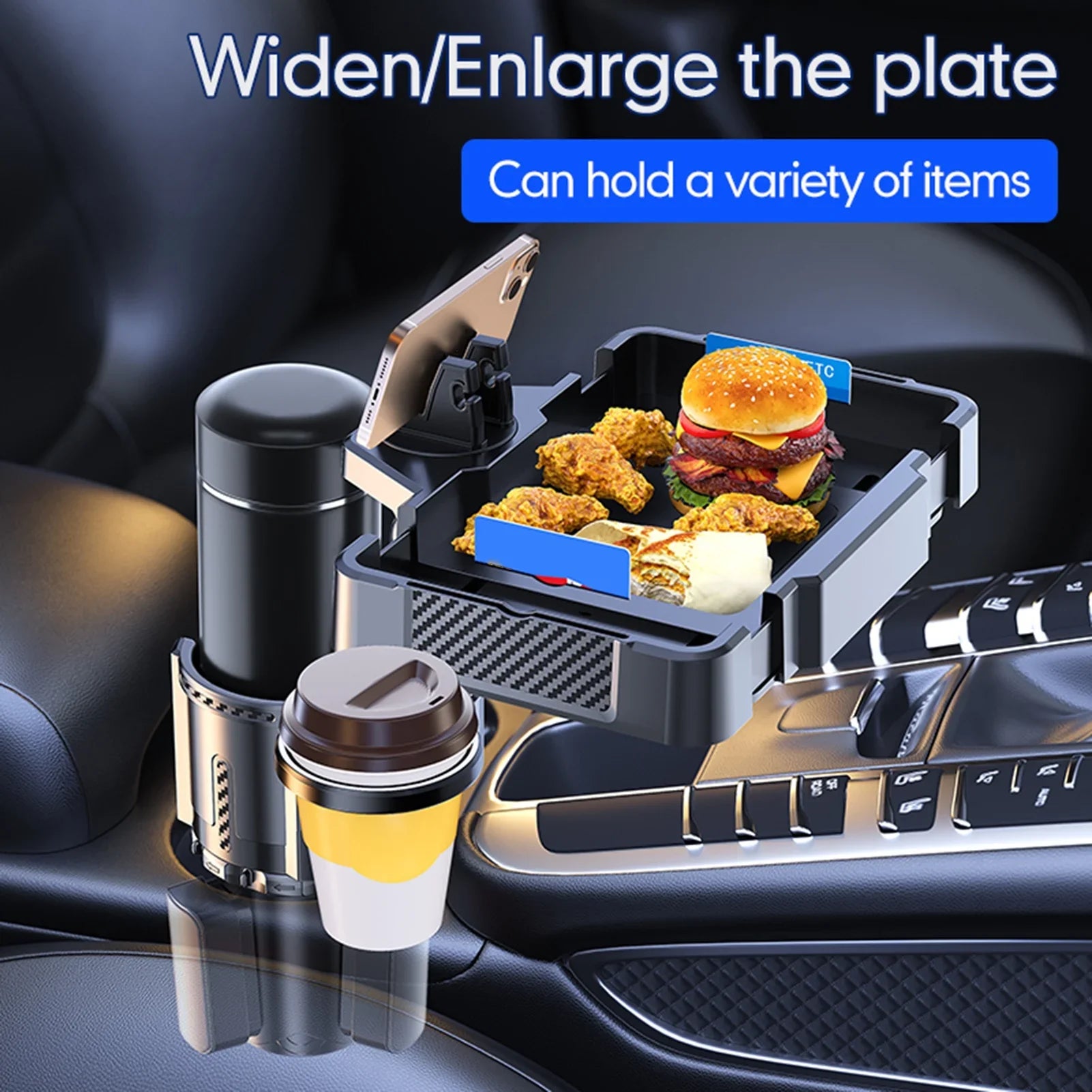 Anself Multifunctional Car Drink Phone Holders Snack Tray Expander, Adjustable Car Cup Holder with Dual Holder, Convenient for Traveling and Ridesharing