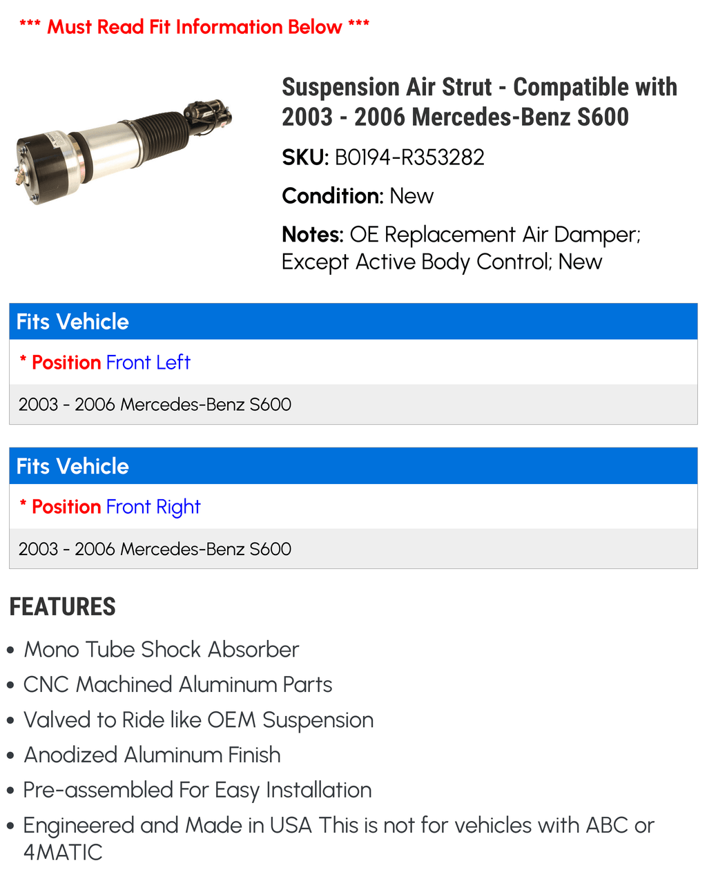Suspension Air Strut - Compatible with 2003 - 2006 Mercedes-Benz S600 2004 2005