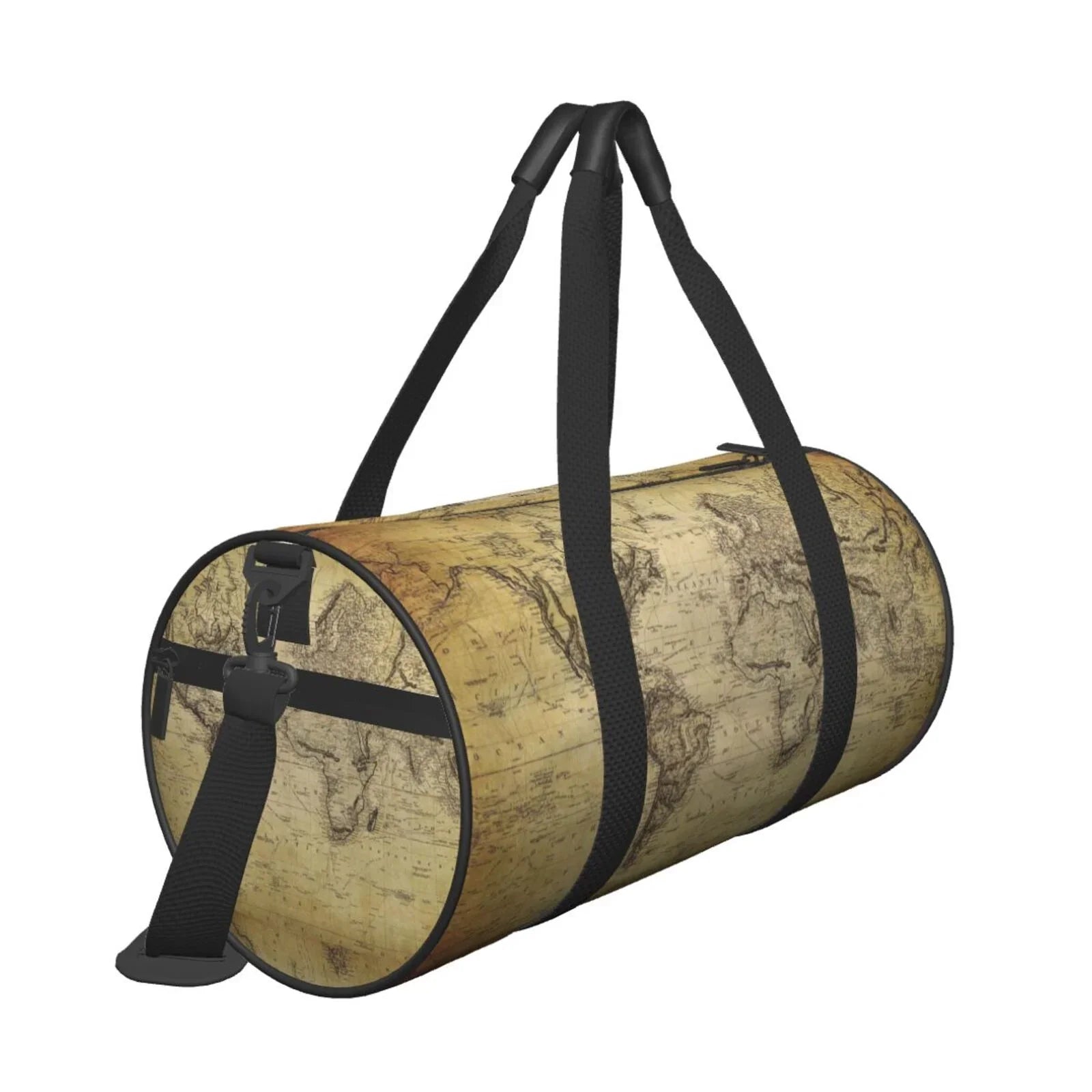 Coaee Vintage World Map Large Capacity Travel Luggage Bag Cylinder Gym Bag Liquid Sports Bag with Pocket and Compartment