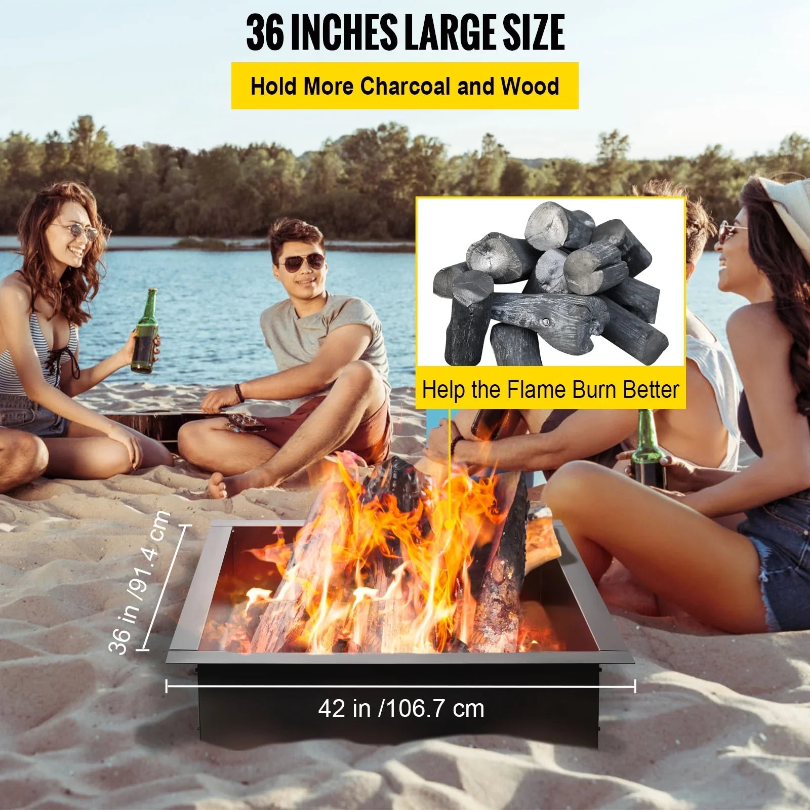 BENTISM Fire Pit Ring, 36" Square Fire Pit Insert, Heavy Duty Steel Fire Ring, DIY Bonfire Liner with Tongs Insert with Simple Installation for Outdoor, Patio, Backyard