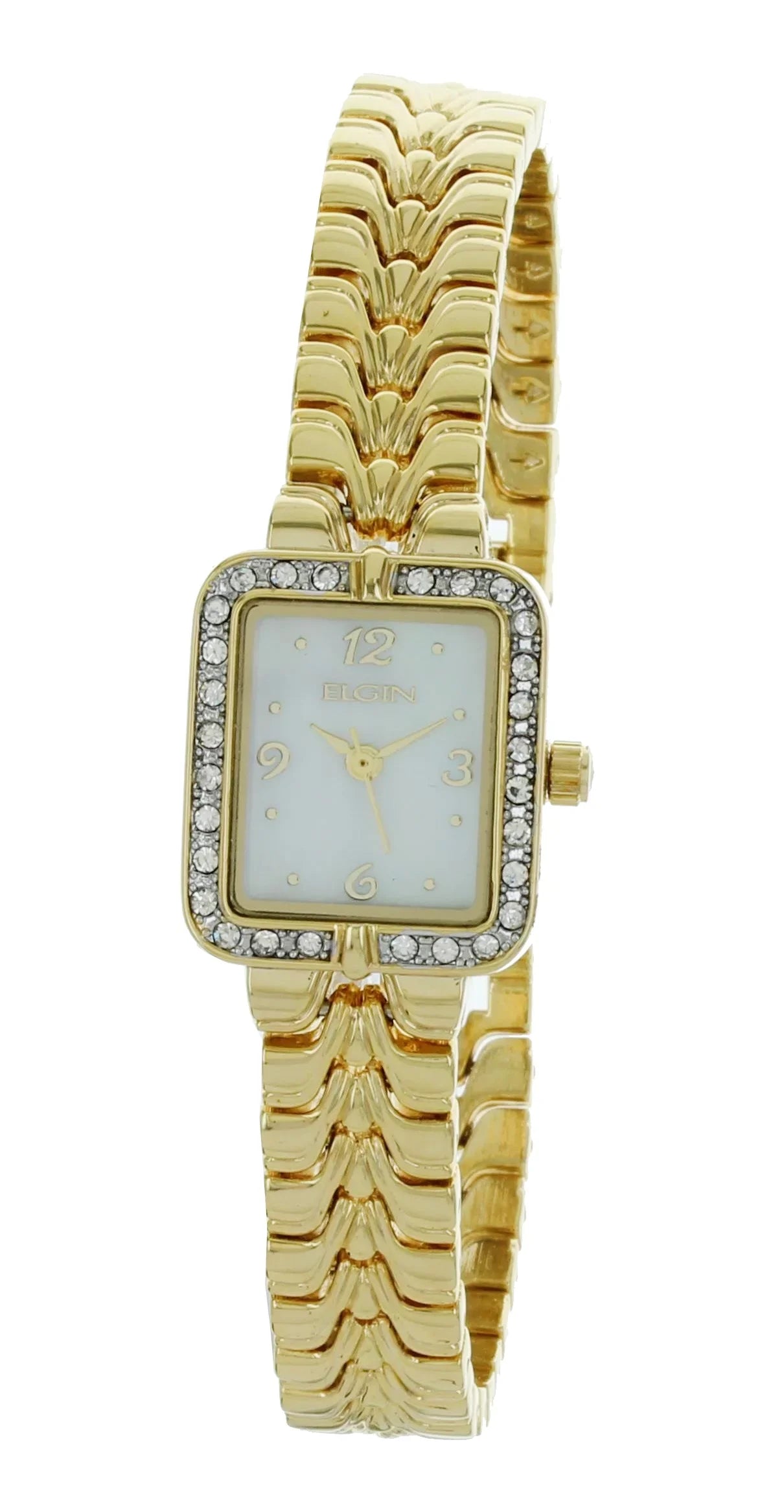 Elgin watch for women small rectangle face gold with stone on Bezel EG9050