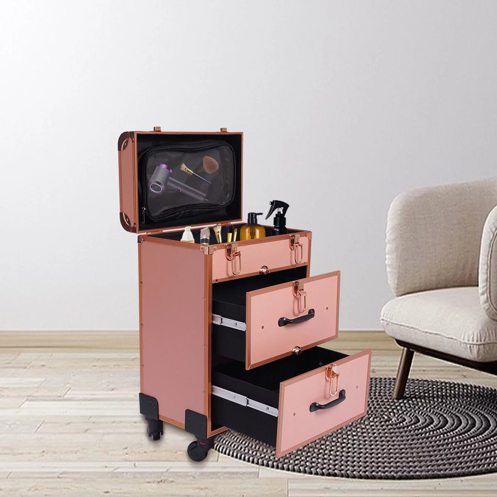 Rolling Makeup Case Aluminum Salon Cosmetic Train Trolley 4 Wheeled Organizer