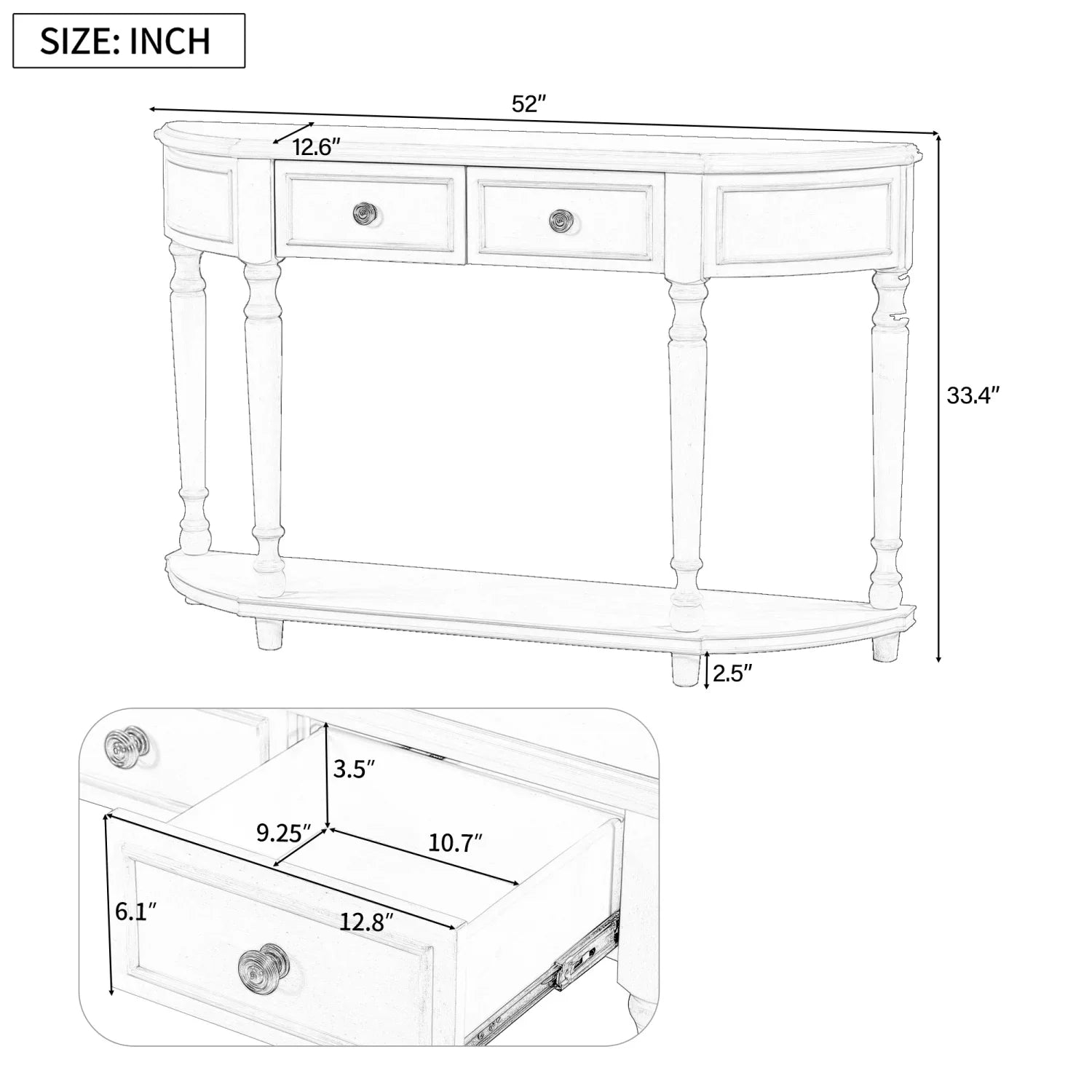 TREXM Retro Circular Curved Design Console Table with Open Style Shelf Solid Wooden Frame and Legs Two Top Drawers (White OLD SKU WF298768AAK)