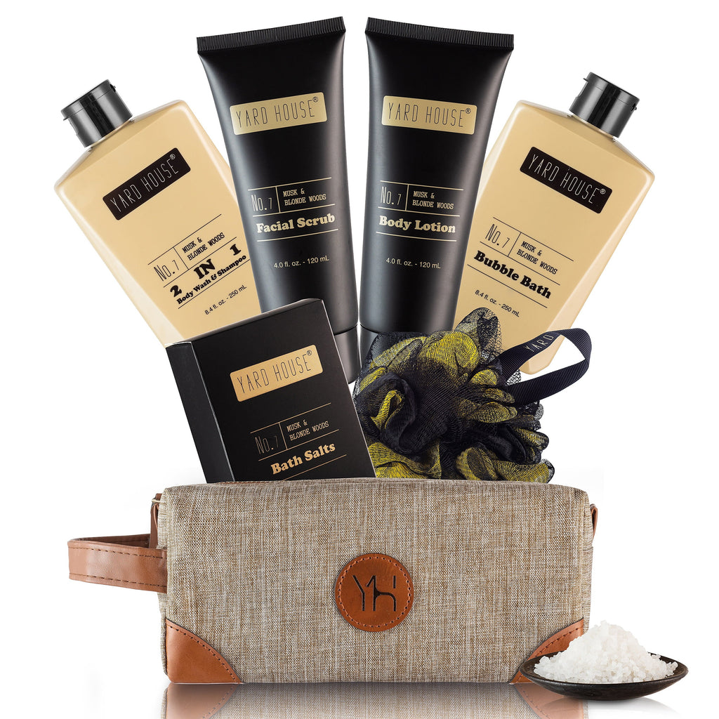 Yard House Mens Bath and Body Gift Set - Musk and Blonde Woods Scented Luxury Spa Gifts Basket for Him in Toiletry Bag-Full Size Bubble Bath, Bath Salts, Body Wash, Facial Scrub, Lotion, Shower Puff