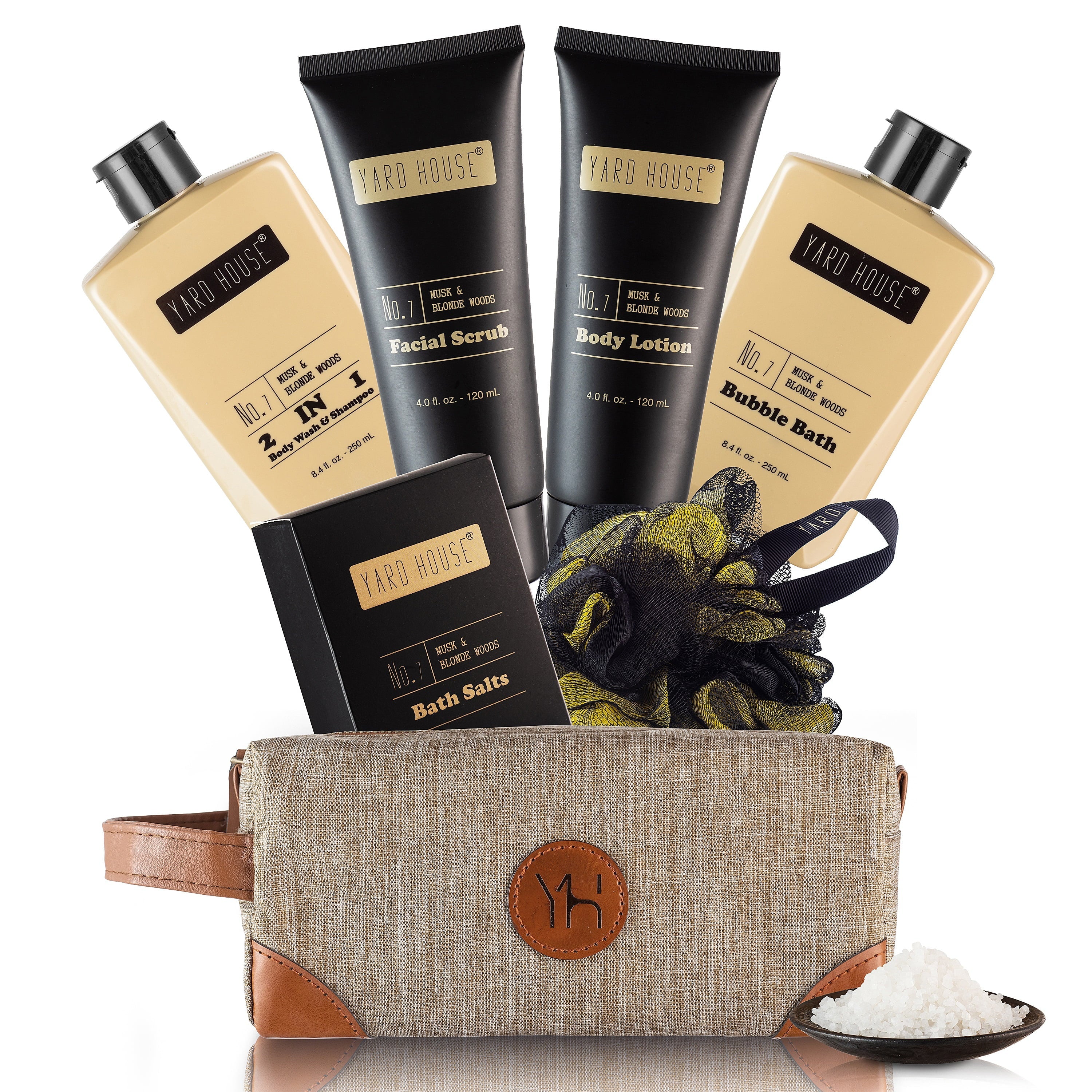 Yard House Mens Bath and Body Gift Set - Musk and Blonde Woods Scented Luxury Spa Gifts Basket for Him in Toiletry Bag-Full Size Bubble Bath, Bath Salts, Body Wash, Facial Scrub, Lotion, Shower Puff