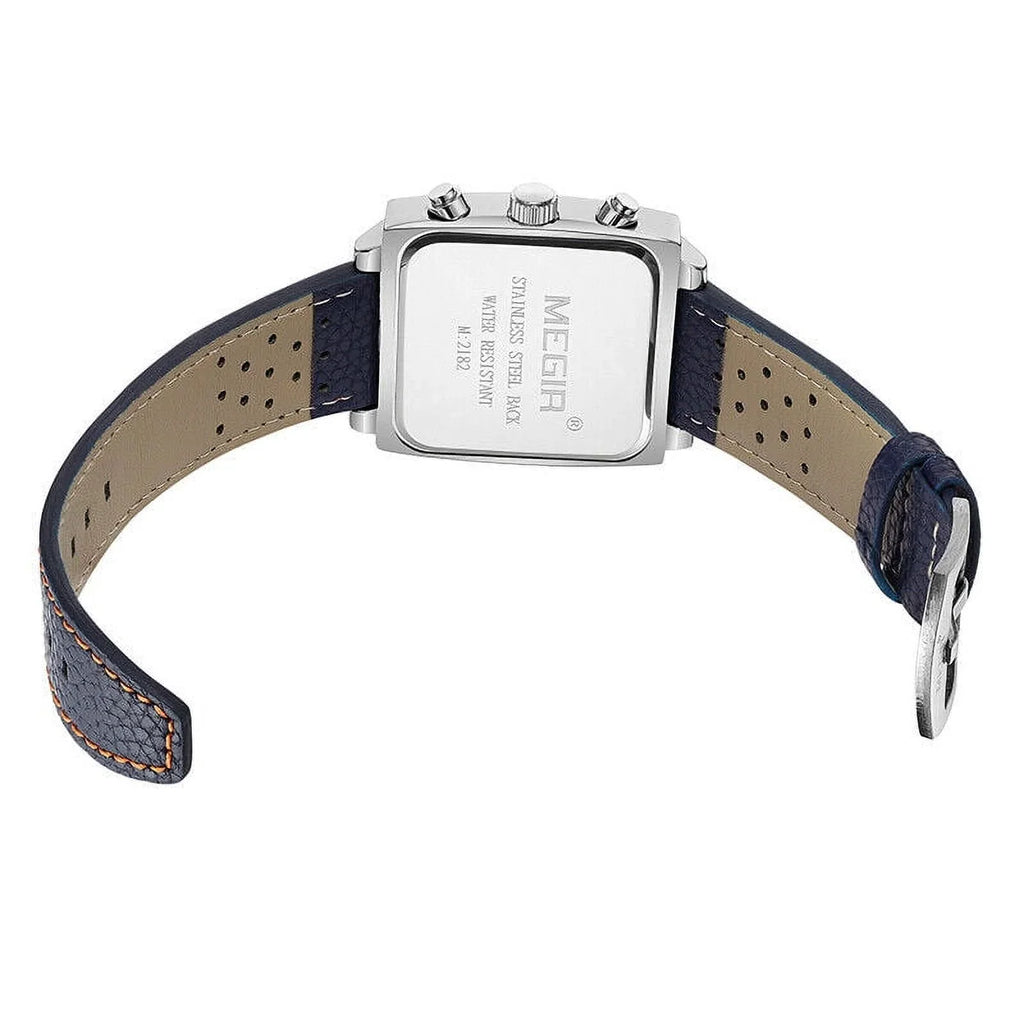 KingFurt MEGIR Liquid Blue Square Dial Quartz Watch - Luminous, Date Display - Men's Leather Watch