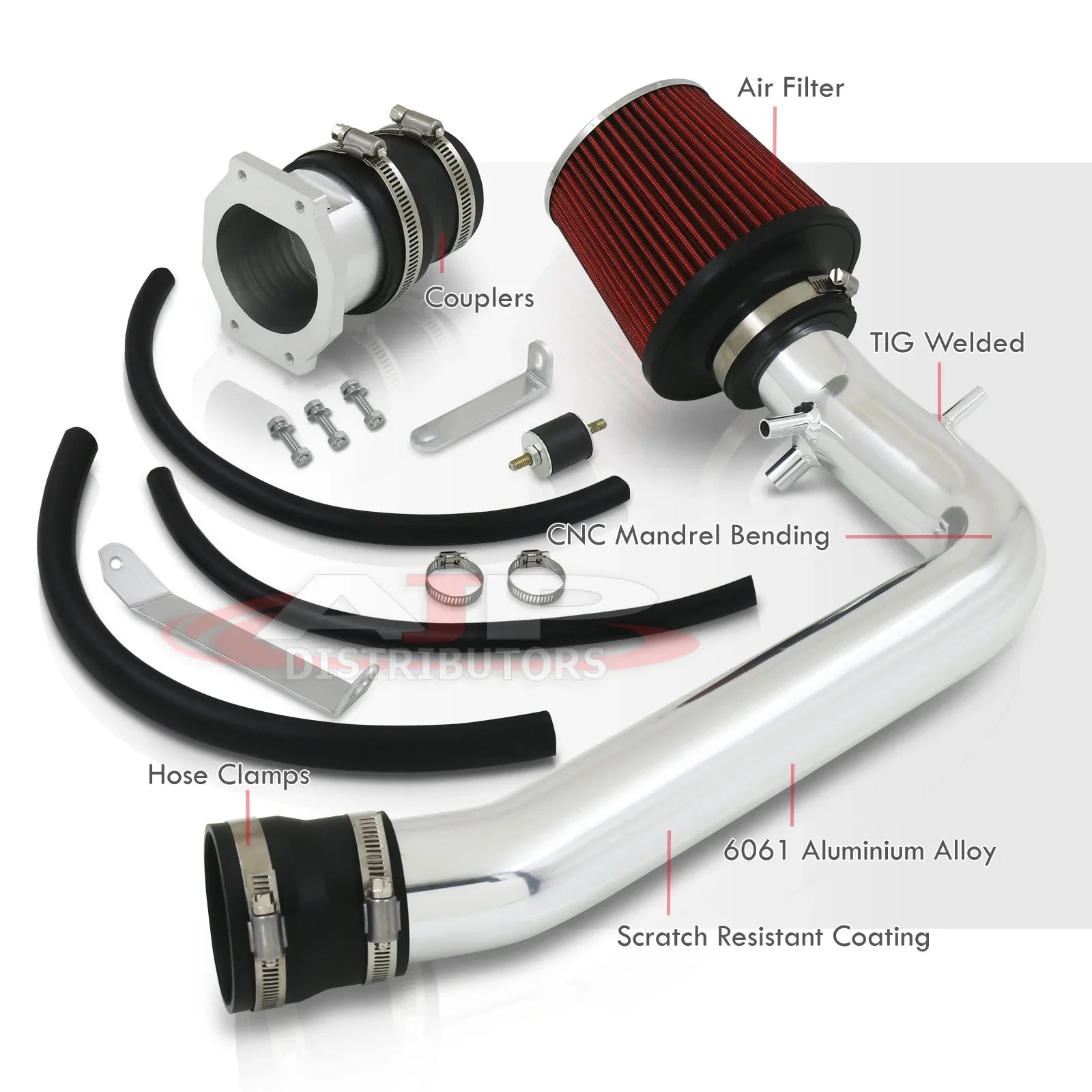 AJP Distributors JDM Cold Air Intake CAI Induction System Polished Aluminum Piping + Filter Compatible/Replacement For Nissan 240SX S14 Silvia 2.4L DOHC KA24DE Engine 1995 1996 1997 1998 95 96 97 98