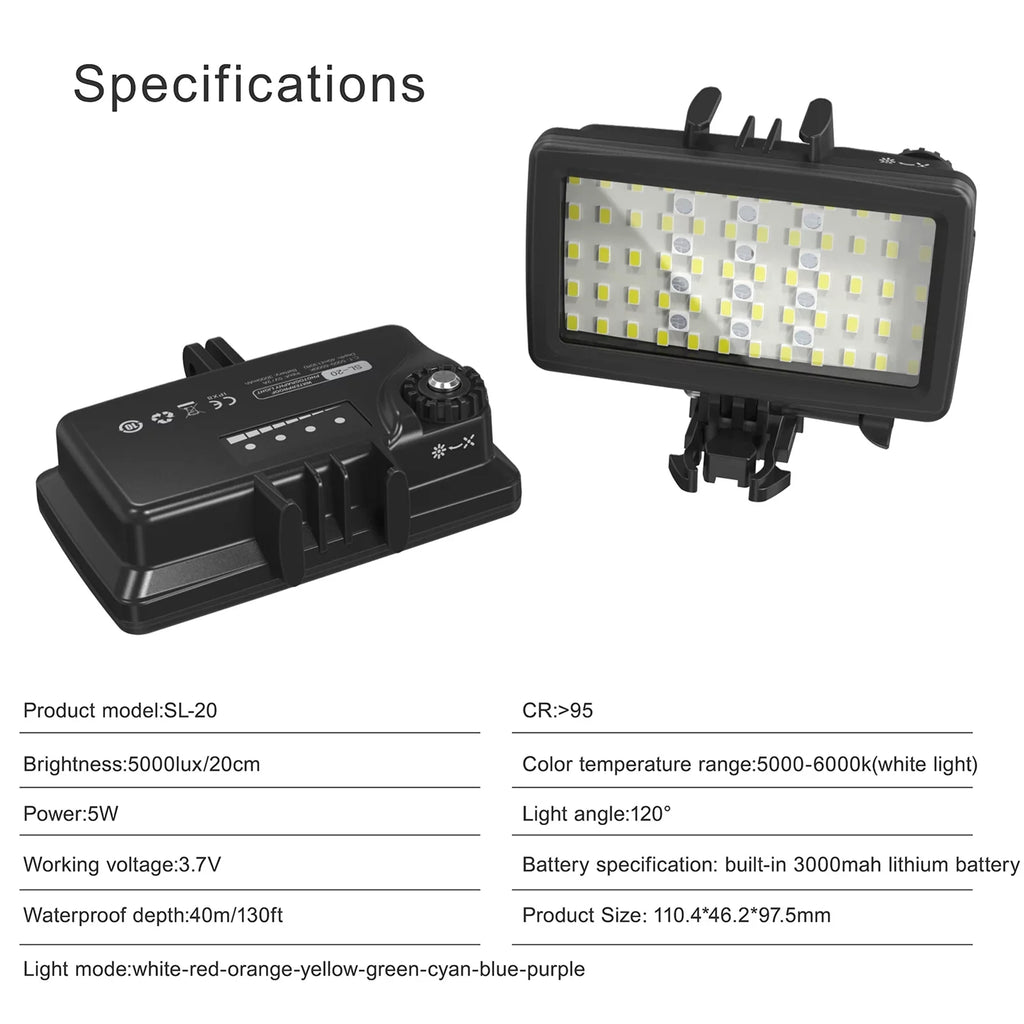 Andoer SL-20 Fluid RGB Fill Light LED Video Light 8 Modes CRI95+ Dimmable IPX8 Liquid 40M Built-in Rechargeable Battery for Diving Snorkeling Liquid Photography Video Replaceme