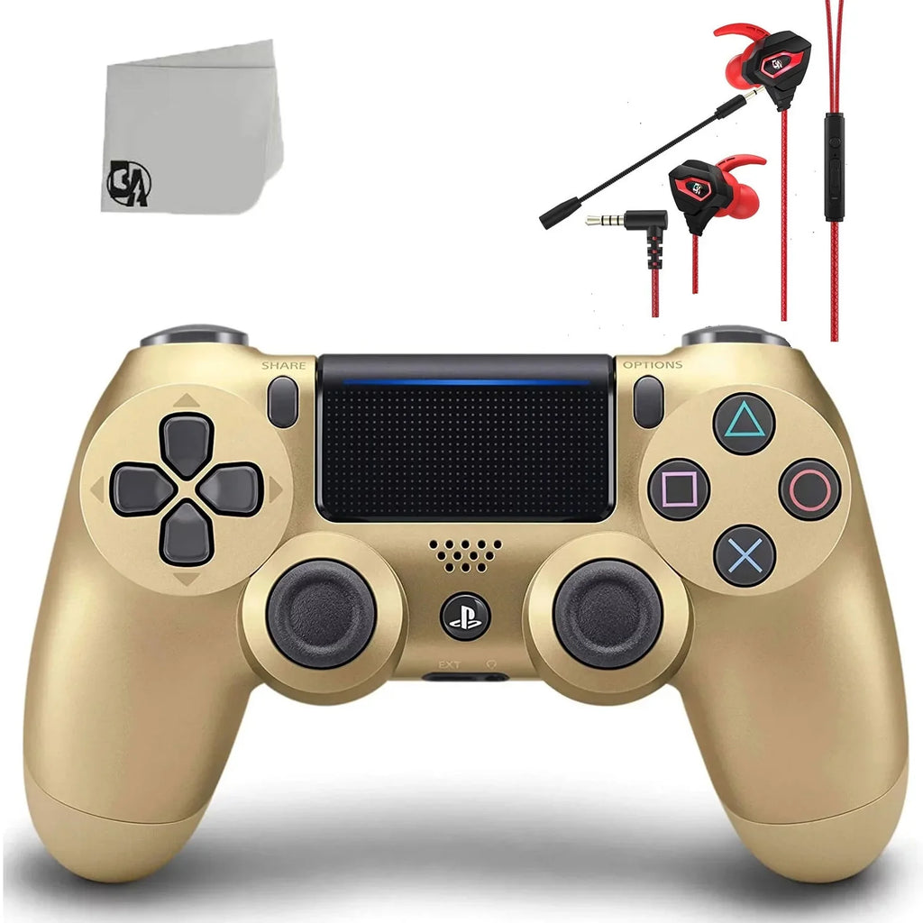 Pre-Owned Dual Shock Gold Gaming Controller For PS4 Console + Wired Earbuds BOLT AXTION Bundle (Refurbished: Like New)