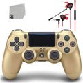 Pre-Owned Dual Shock Gold Gaming Controller For PS4 Console + Wired Earbuds BOLT AXTION Bundle (Refurbished: Like New)