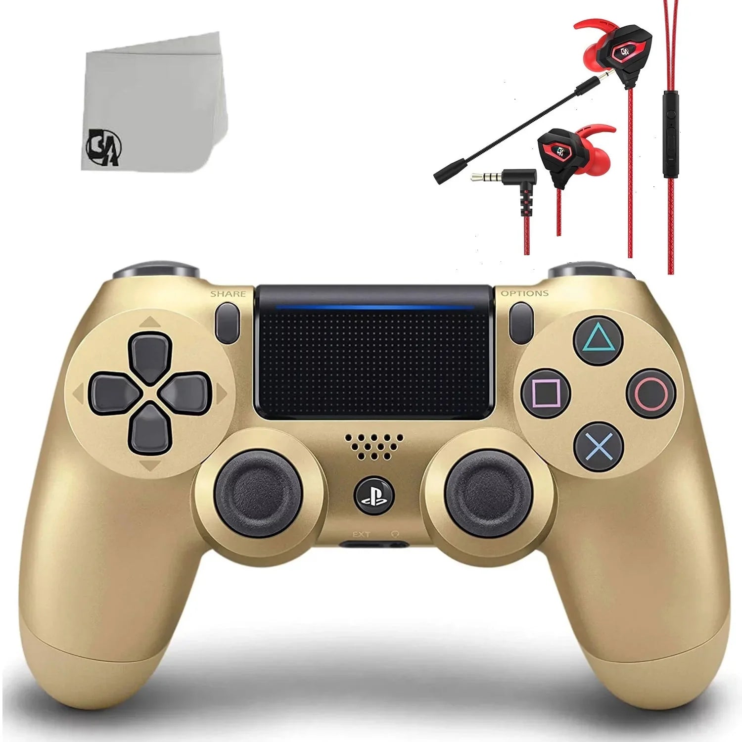 Pre-Owned Dual Shock Gold Gaming Controller For PS4 Console + Wired Earbuds BOLT AXTION Bundle (Refurbished: Like New)