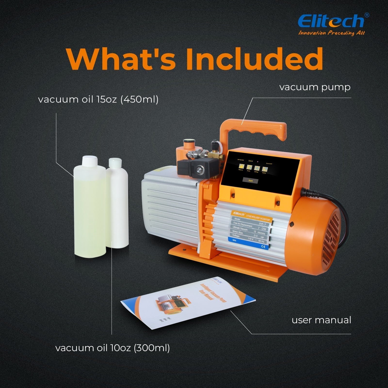 Elitech Chipset HVAC Vacuum Pump 7 CFM 2 Stage Vacuum Gauge App Control, SVP-7