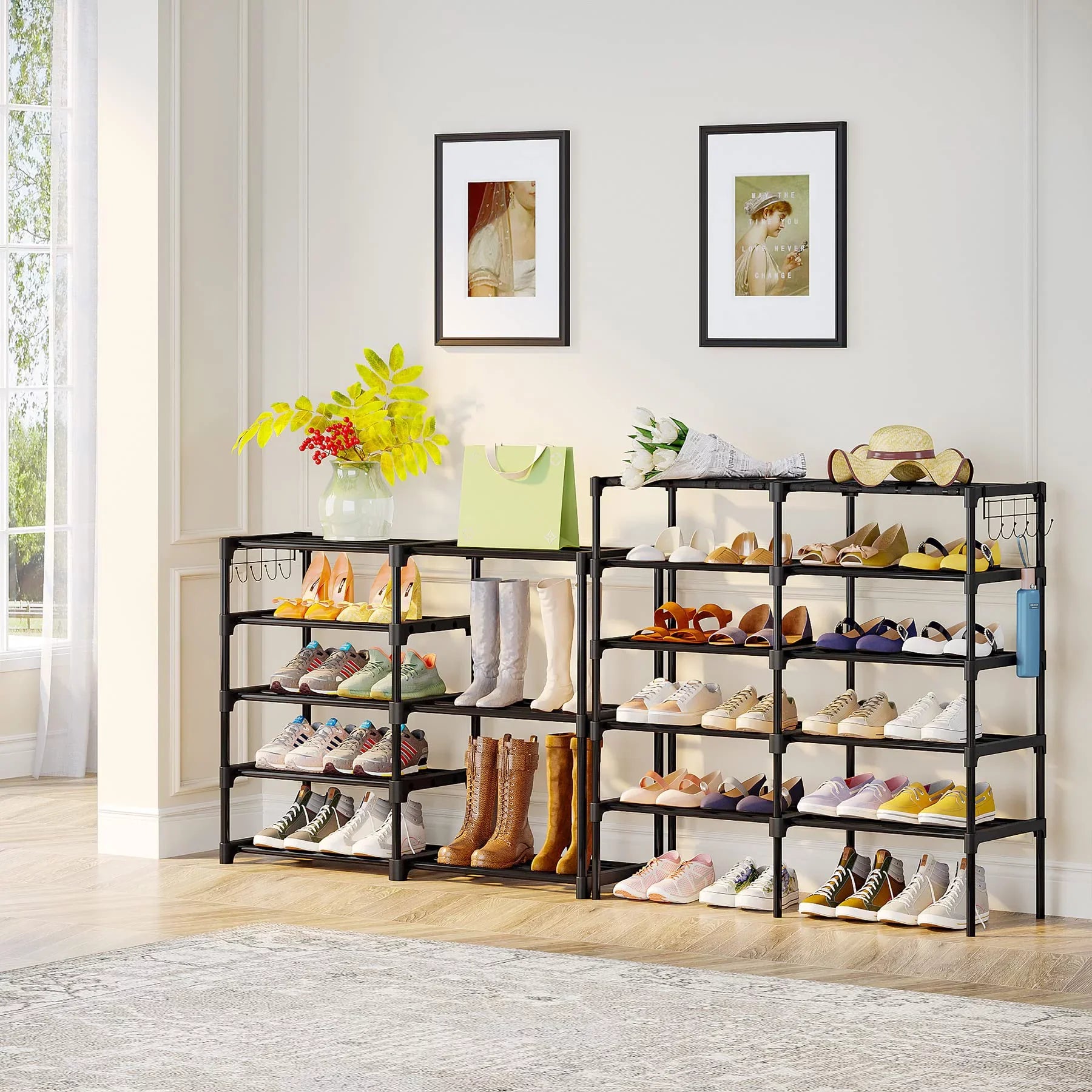 Fiuion Shoe Rack Organizer 9 Tiers Shoe Storage Shelf 32-40 Pairs Shoe Stand for Closet Boot Organizer with 2 Hooks Removable Dustproof Large Stackable Shoe Tower for Shoe Boot Storage, Black