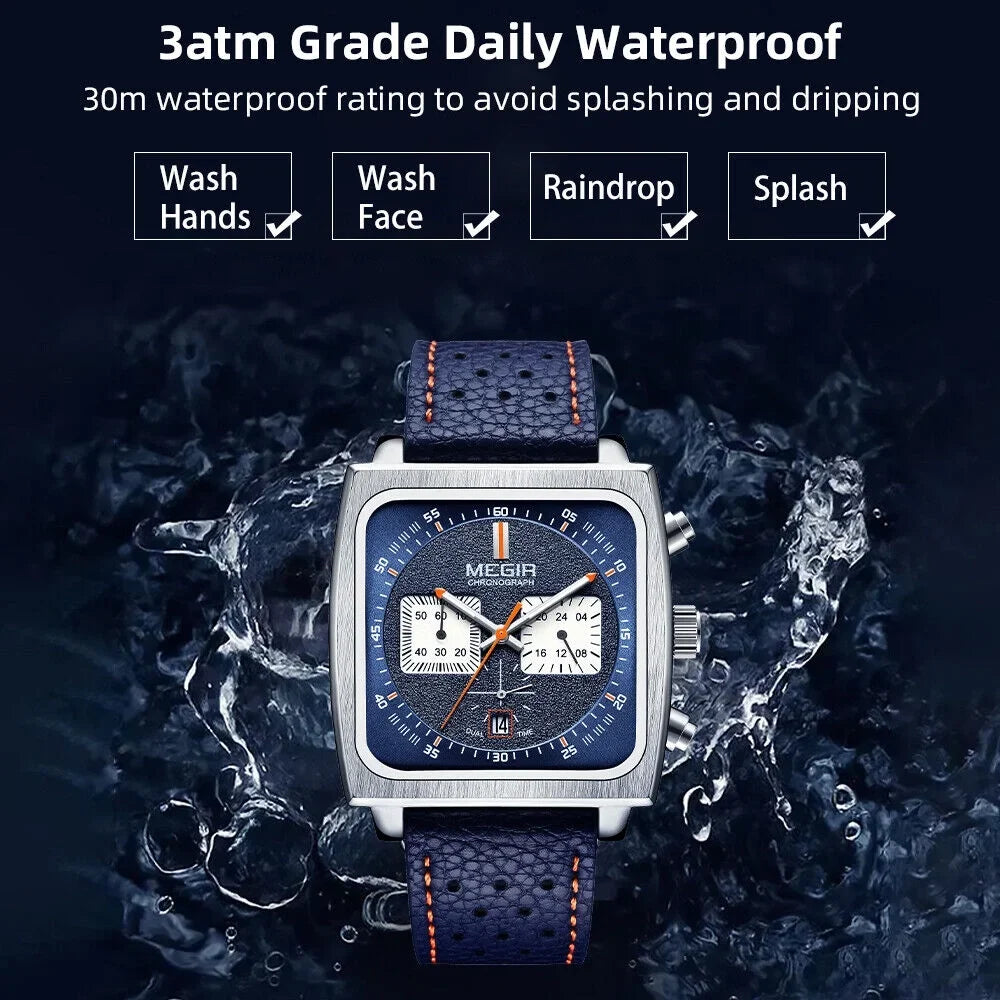 KingFurt MEGIR Liquid Blue Square Dial Quartz Watch - Luminous, Date Display - Men's Leather Watch