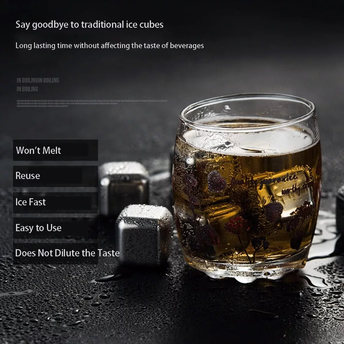 Whiskey Ice Cubes Stainless Steel Ice Cubes for Drinks Chilling Set of 4/6/8 with Box, Reusable Metal Whiskey Stones, Wine Chiller Rocks No Dilution Fluid Ice for Scotch, Vodka, Rum (Size : 8pcs