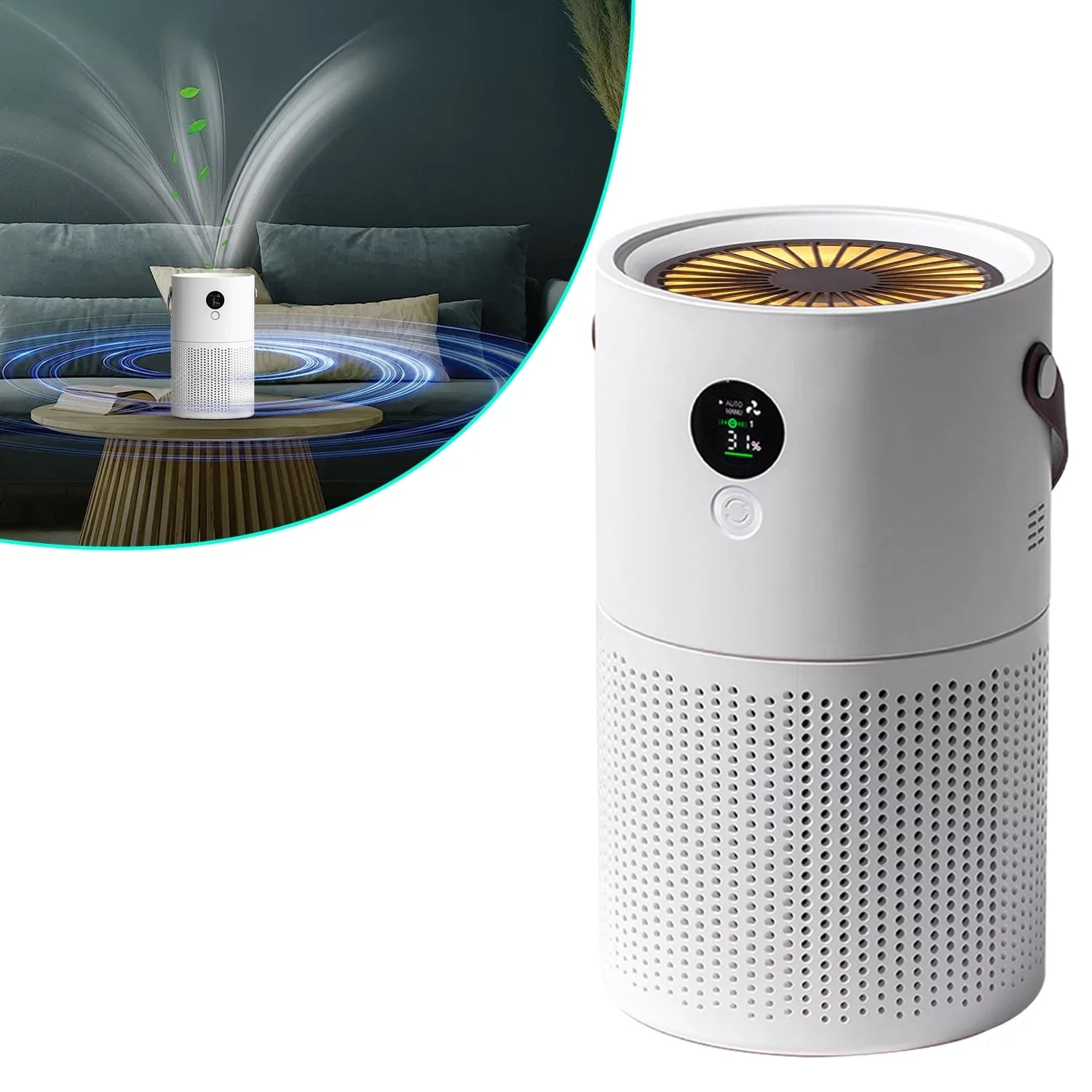 Portable Anion Air Purifier with Night Light, Electronic Air Sterilization with Handle for Home Office Car, White