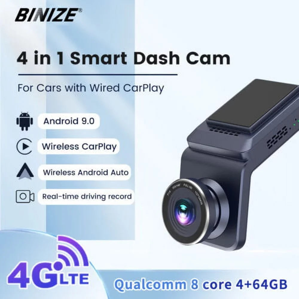 Binize Android 9 Dash Cam Wireless Android Auto & Wireless CarPlay Ai Box Mini Adapter 1080P DashCam 4G+64G