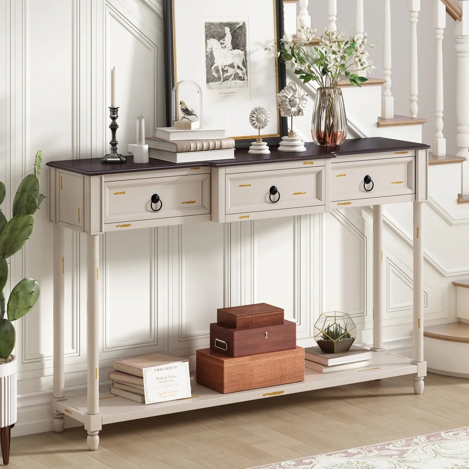 TREXM Console Table Sofa Table with Drawers for Entryway with Projecting Drawers and Long Shelf (Antique White OLD SKU WF189574AAK)