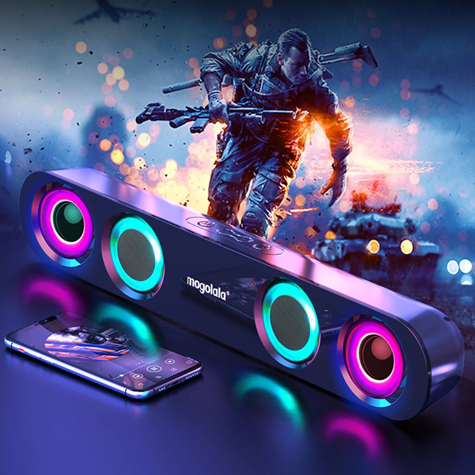 Ersazi Bluetooth Adapter Colorful Sound Subwoofer High Power Home Video Desktop Wireless Strip Long Dual Speaker Speaker Sound Bar Tv Karaoke Sound in Clearance Black