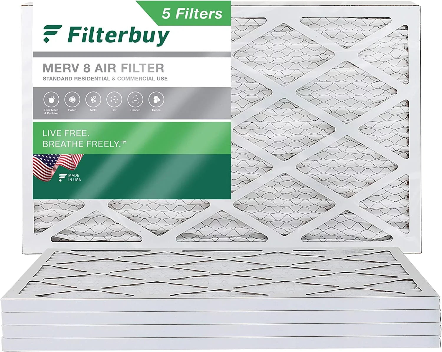 Filterbuy 20x36x1 MERV 8 Pleated HVAC AC Furnace Air Filters (5-Pack)