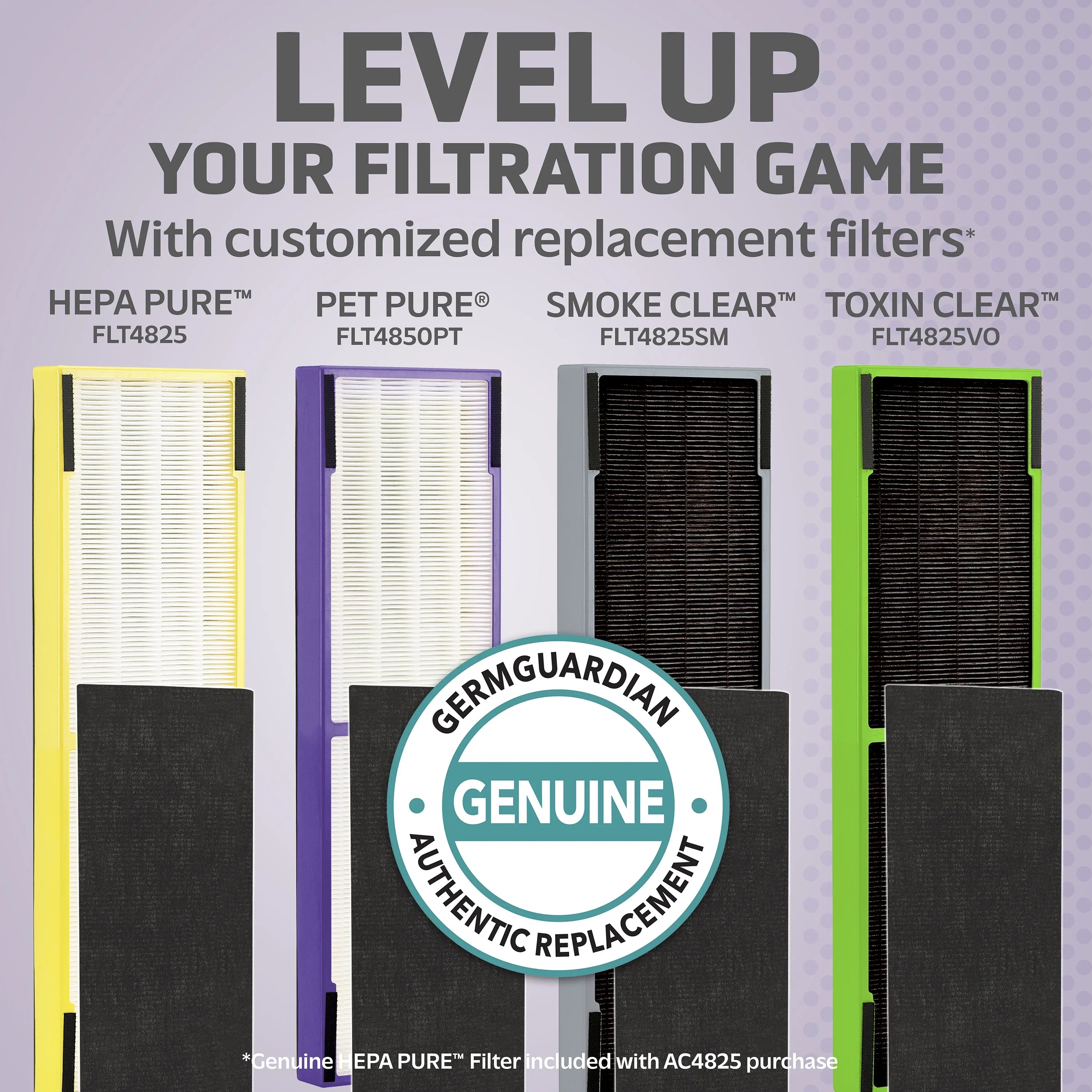GermGuardian Filter B HEPA Pure Genuine Replacement Filter for Air Purifiers, 4-Pack, FLT48254PK